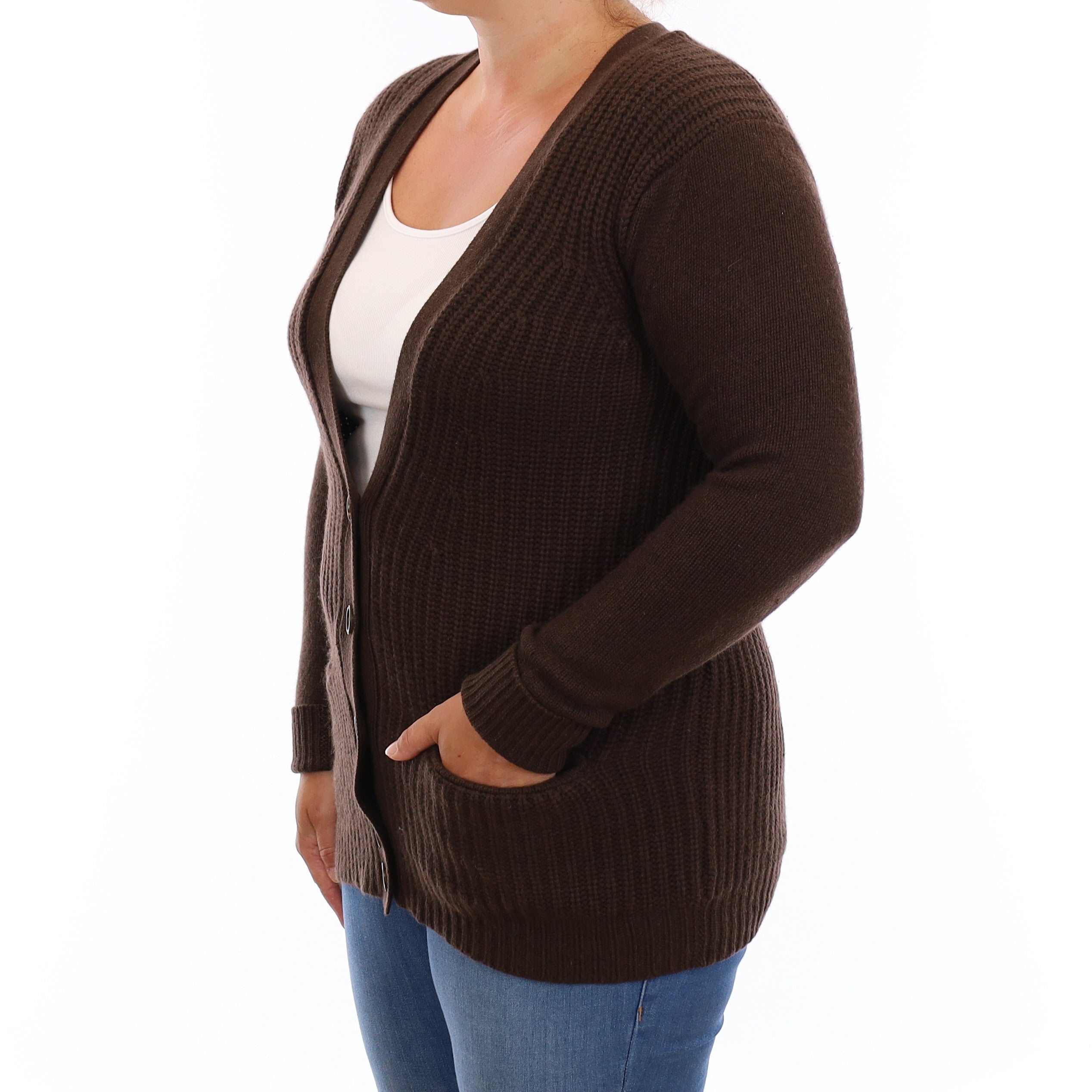 Chocolate Brown Chunky Rib Cashmere V neck Cardigan  with Pockets Large