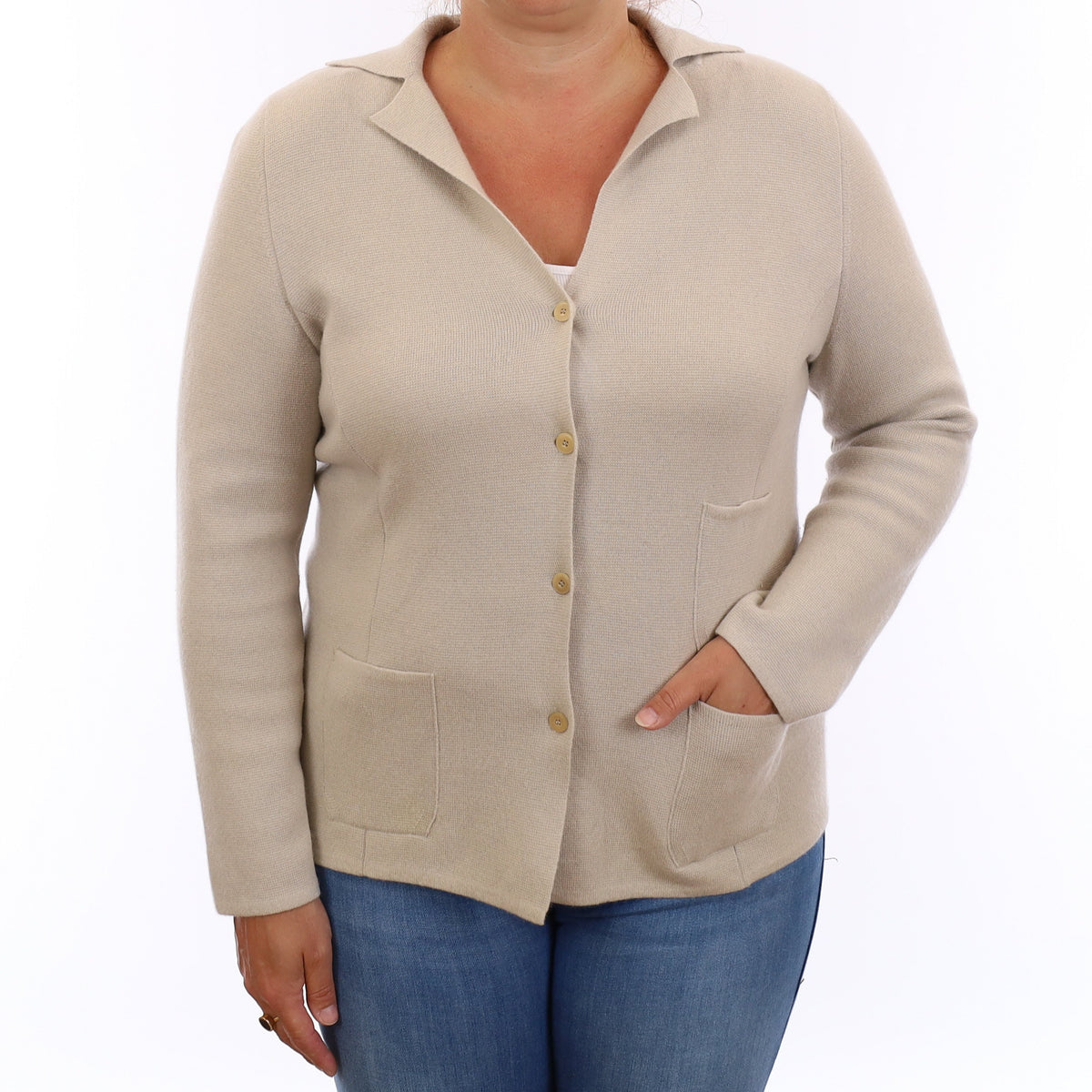 Alabaster Heavy Knit Cashmere Collared Jacket with Pockets Large