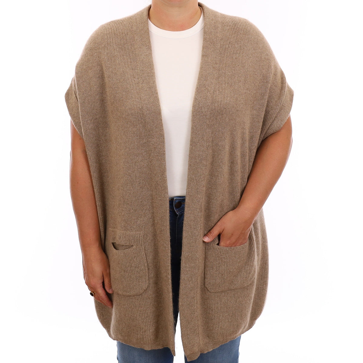 Taupe Brown Rib Cashmere Short Sleeve Edge to Edge Cardigan Large