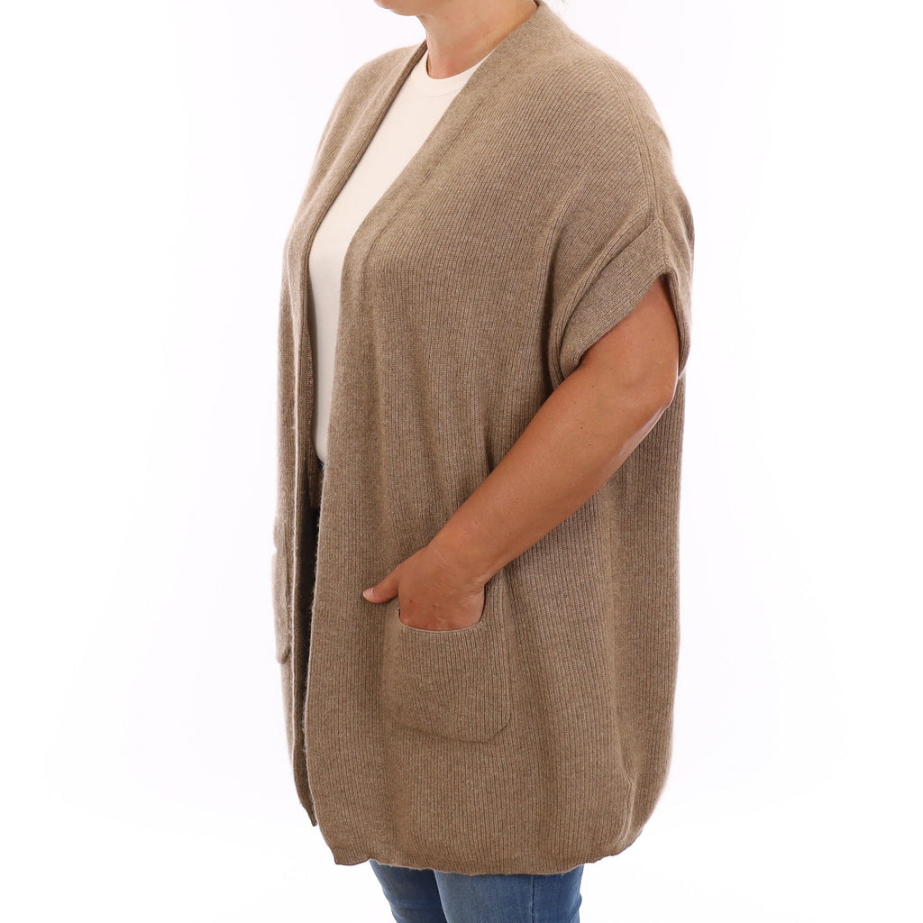 Taupe Brown Rib Cashmere Short Sleeve Edge to Edge Cardigan Large