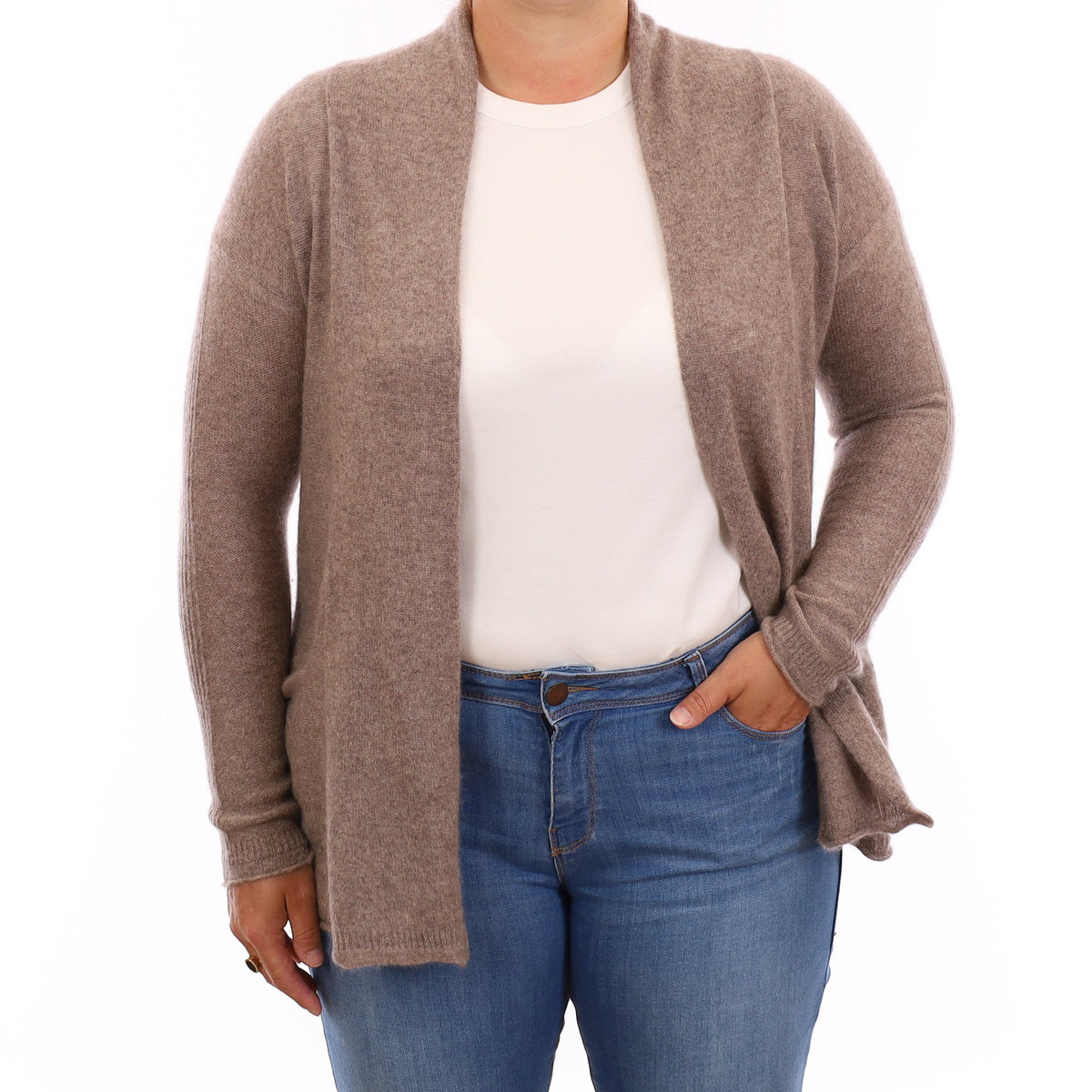 Mink Brown Cashmere Edge to Edge Cardigan with Pockets Large