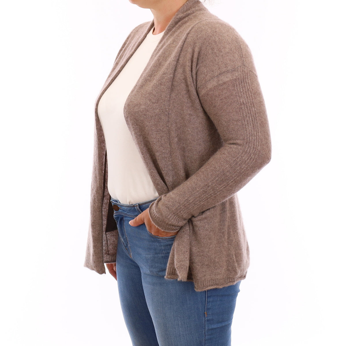 Mink Brown Cashmere Edge to Edge Cardigan with Pockets Large