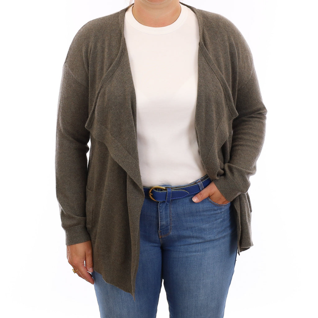 Khaki Green Cashmere Waterfall Cardigan with Pockets Large