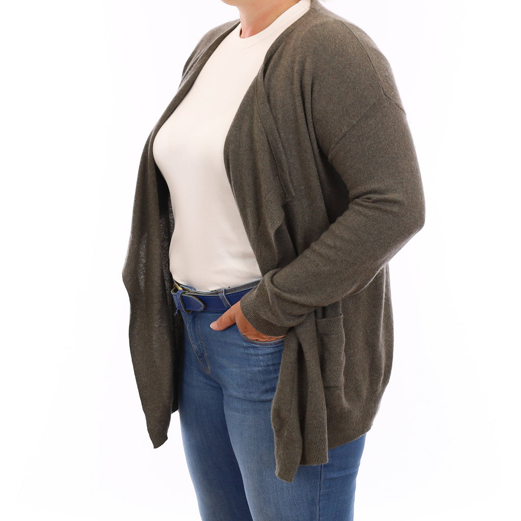 Khaki Green Cashmere Waterfall Cardigan with Pockets Large