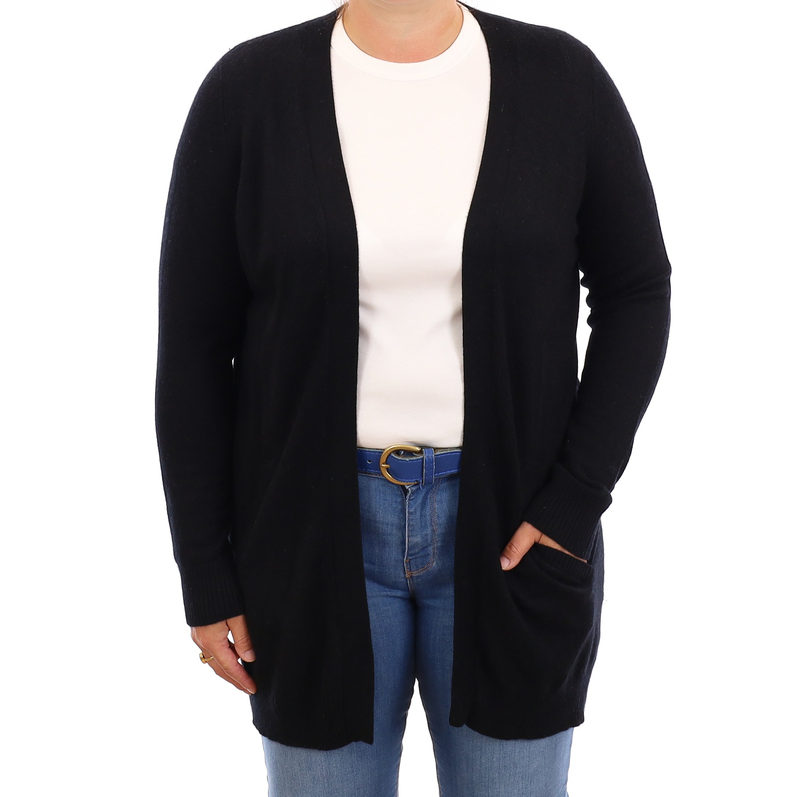 Black Cashmere Edge to Edge Cardigan with Pockets Large