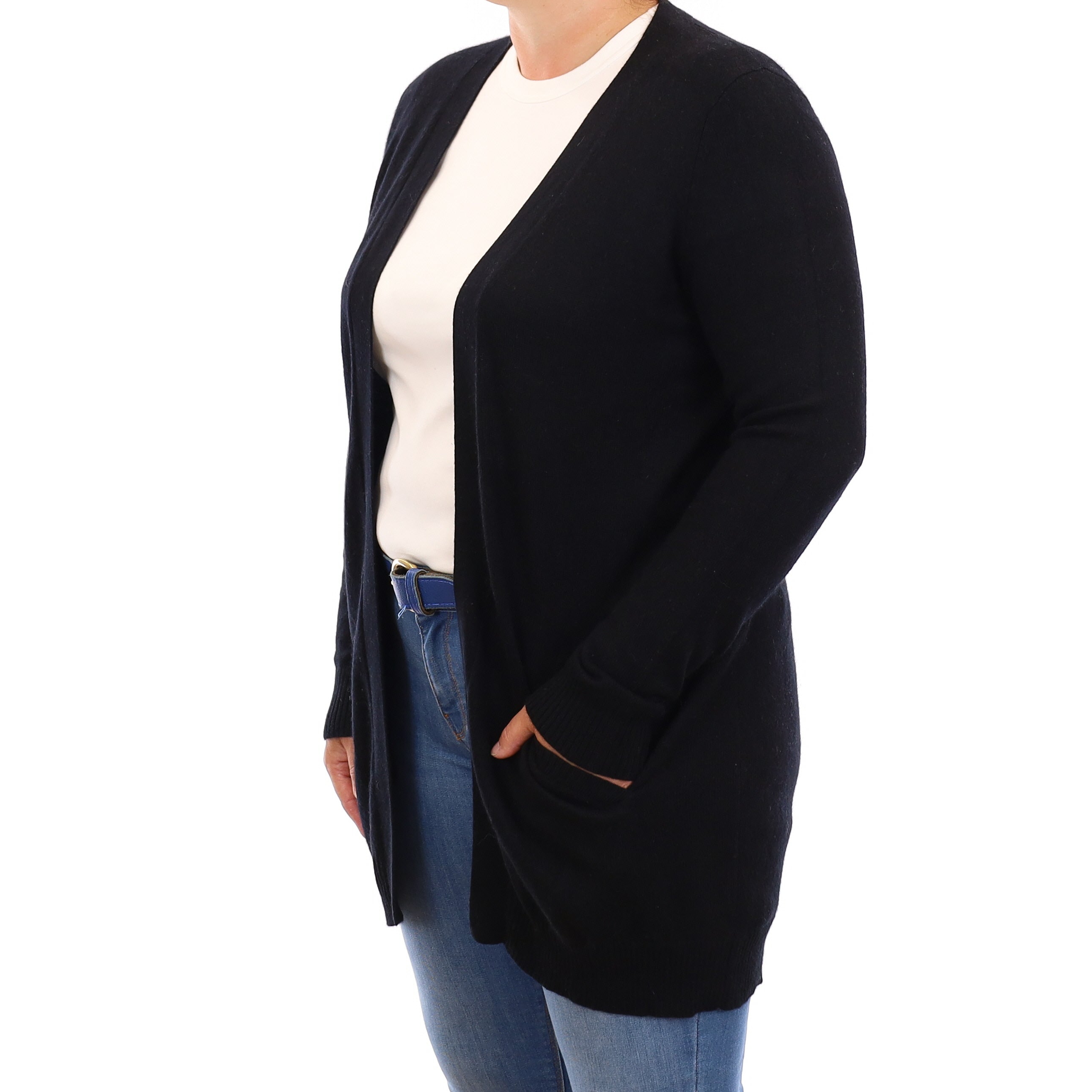 Black Cashmere Edge to Edge Cardigan with Pockets Large