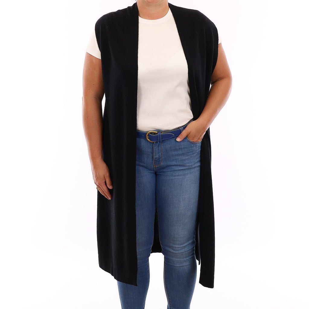 Black Cashmere Longline Sleeveless Cardigan Large