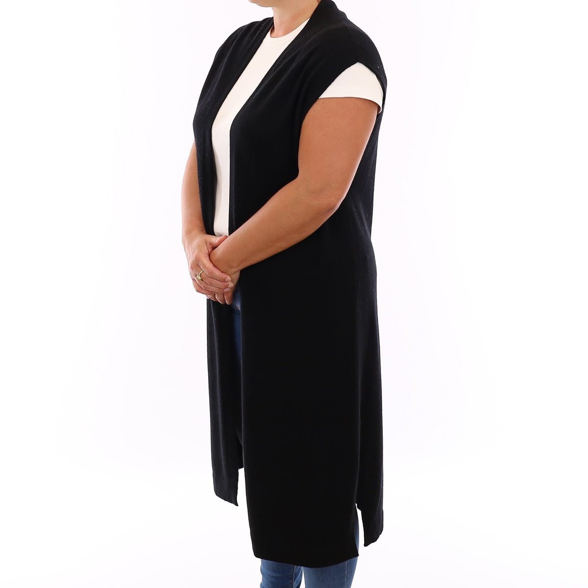 Black Cashmere Longline Sleeveless Cardigan Large