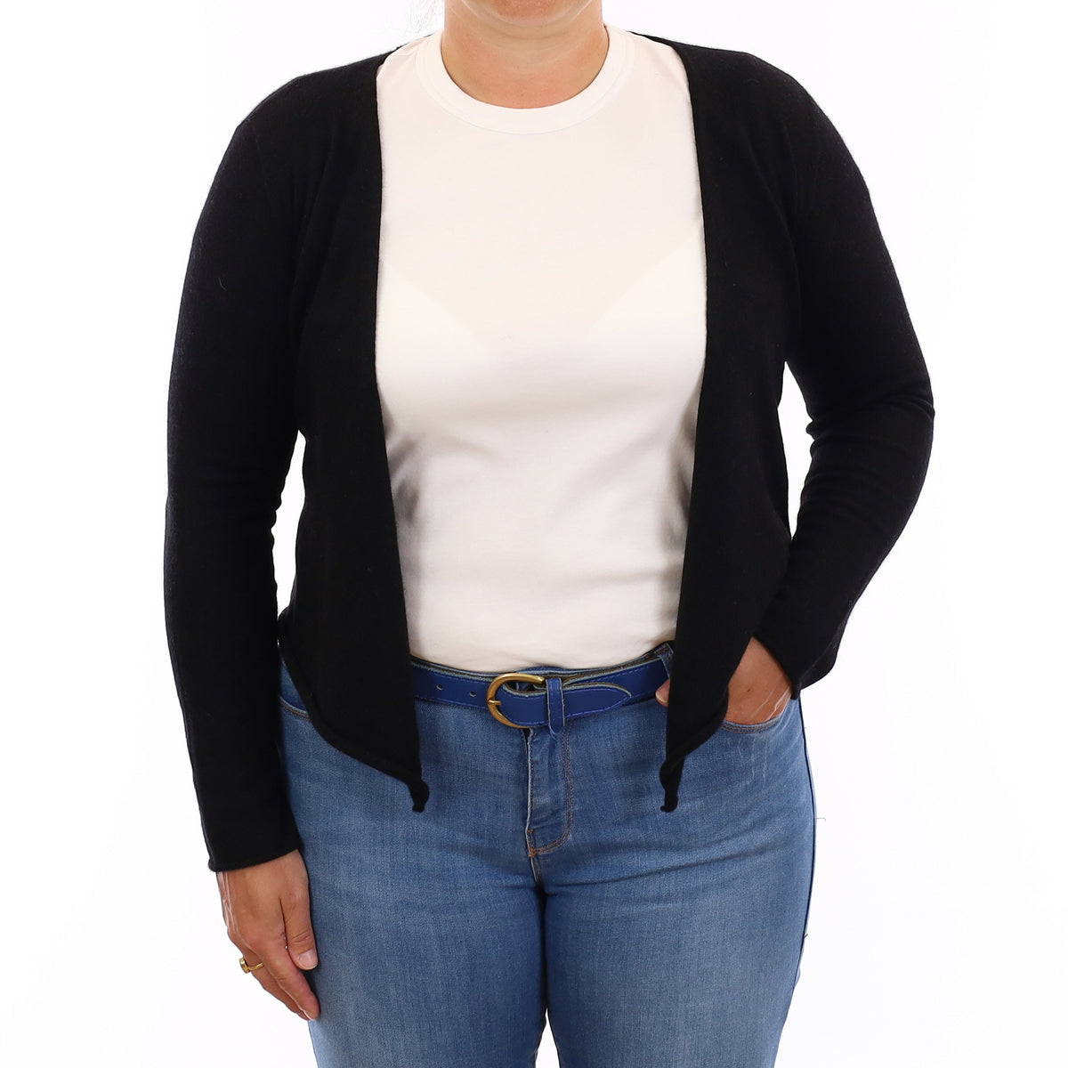 Black Cashmere Cropped Edge to Edge Cardigan Large