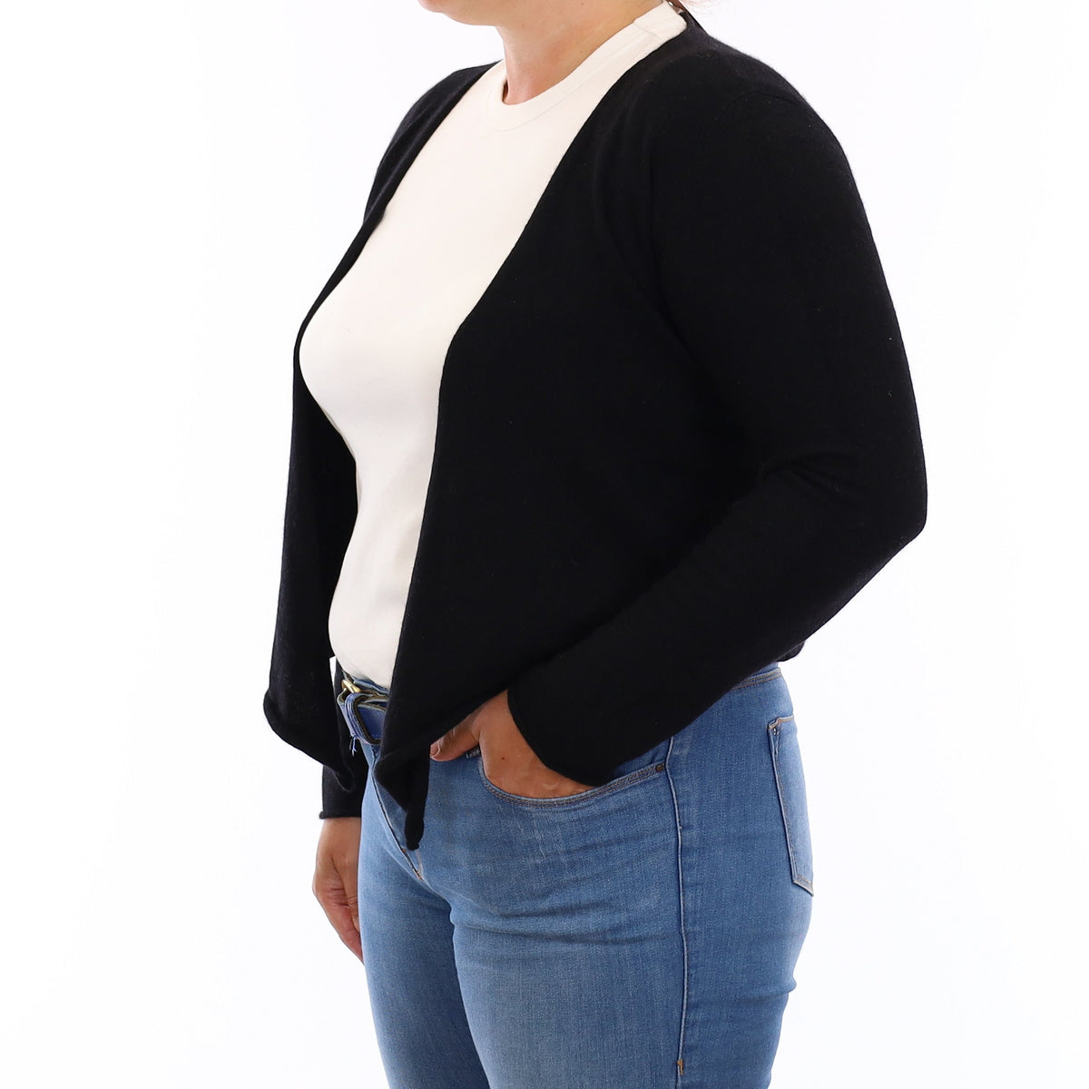 Black Cashmere Cropped Edge to Edge Cardigan Large