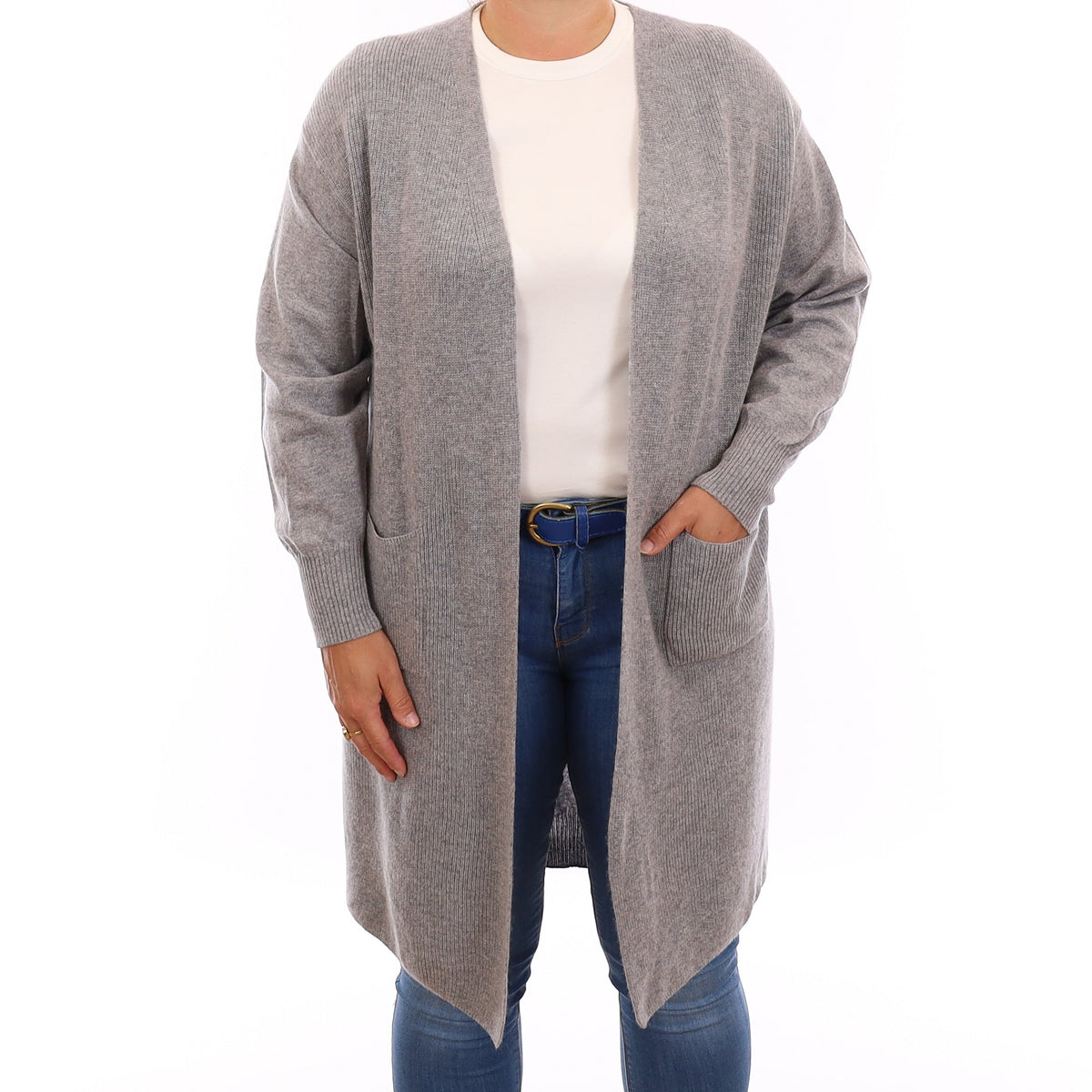 Ash Grey Cashmere Edge to Edge Cardigan with Pockets Large