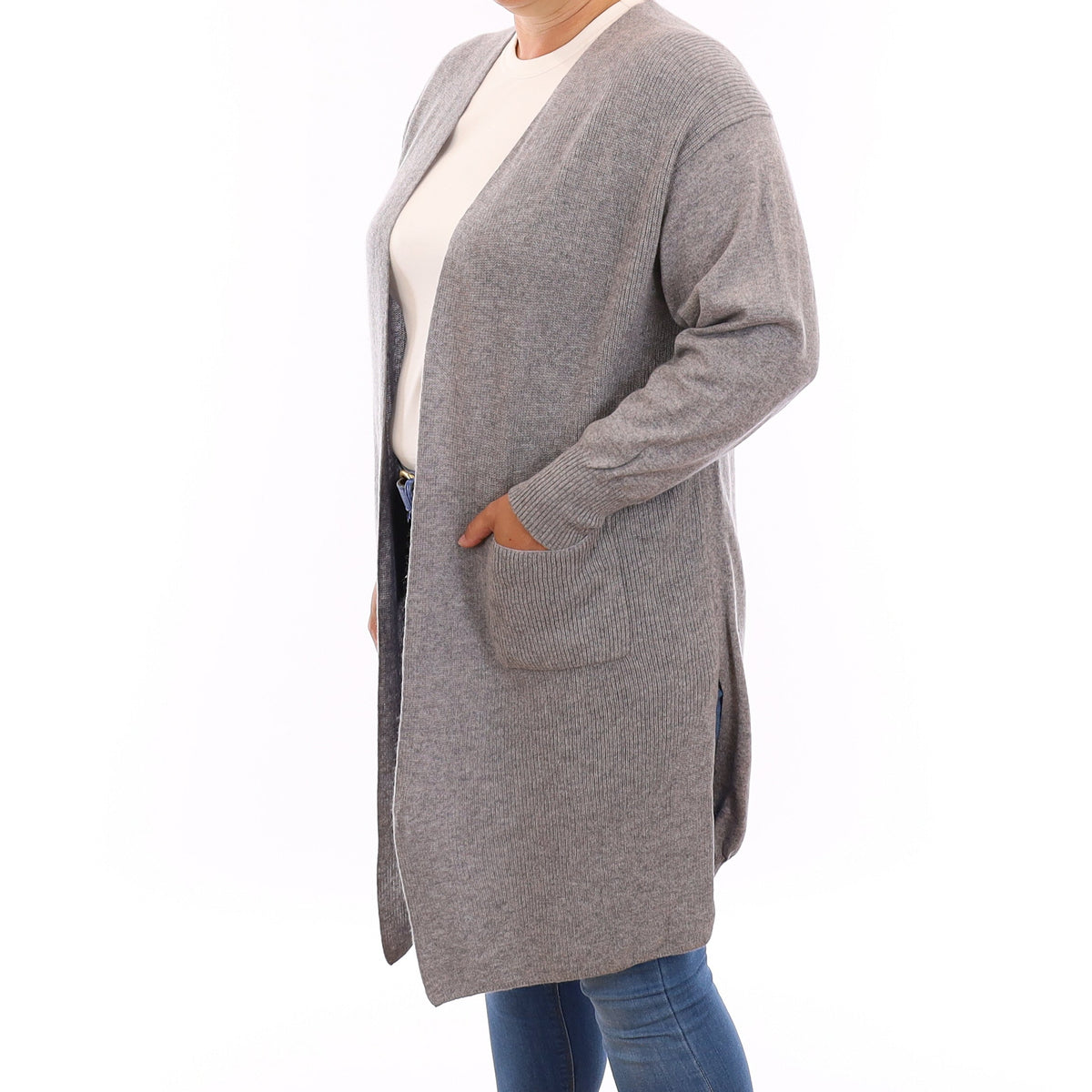 Ash Grey Cashmere Edge to Edge Cardigan with Pockets Large