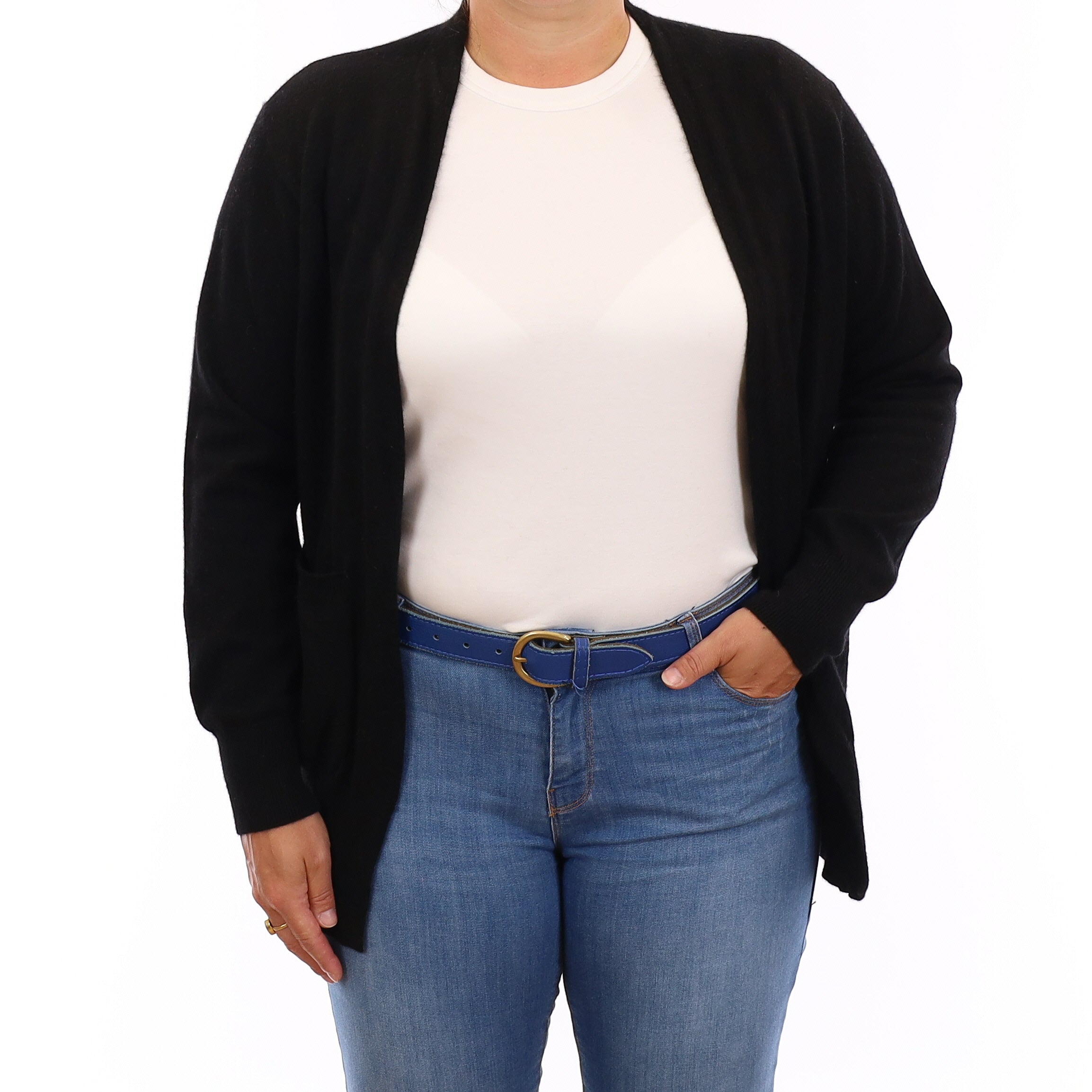 Black Cashmere Batwing Edge to Edge Cardigan with Pockets Large