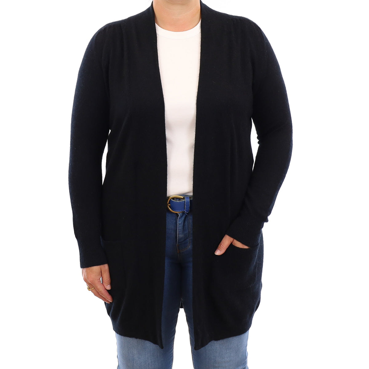 Black Cashmere Longline Edge to Edge Cardigan with Pockets Large