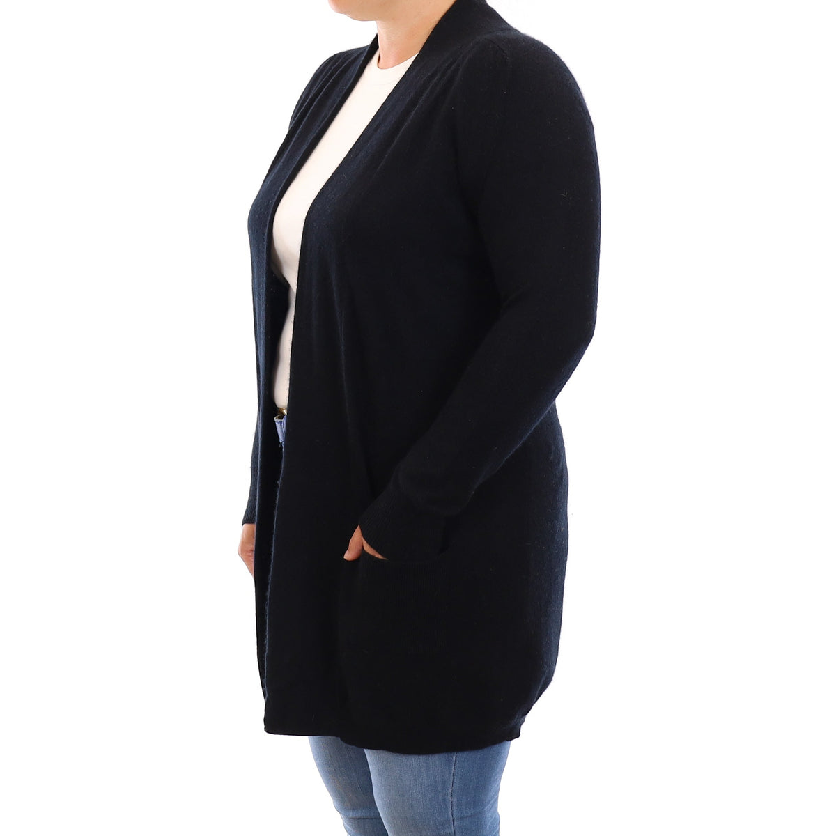 Black Cashmere Longline Edge to Edge Cardigan with Pockets Large