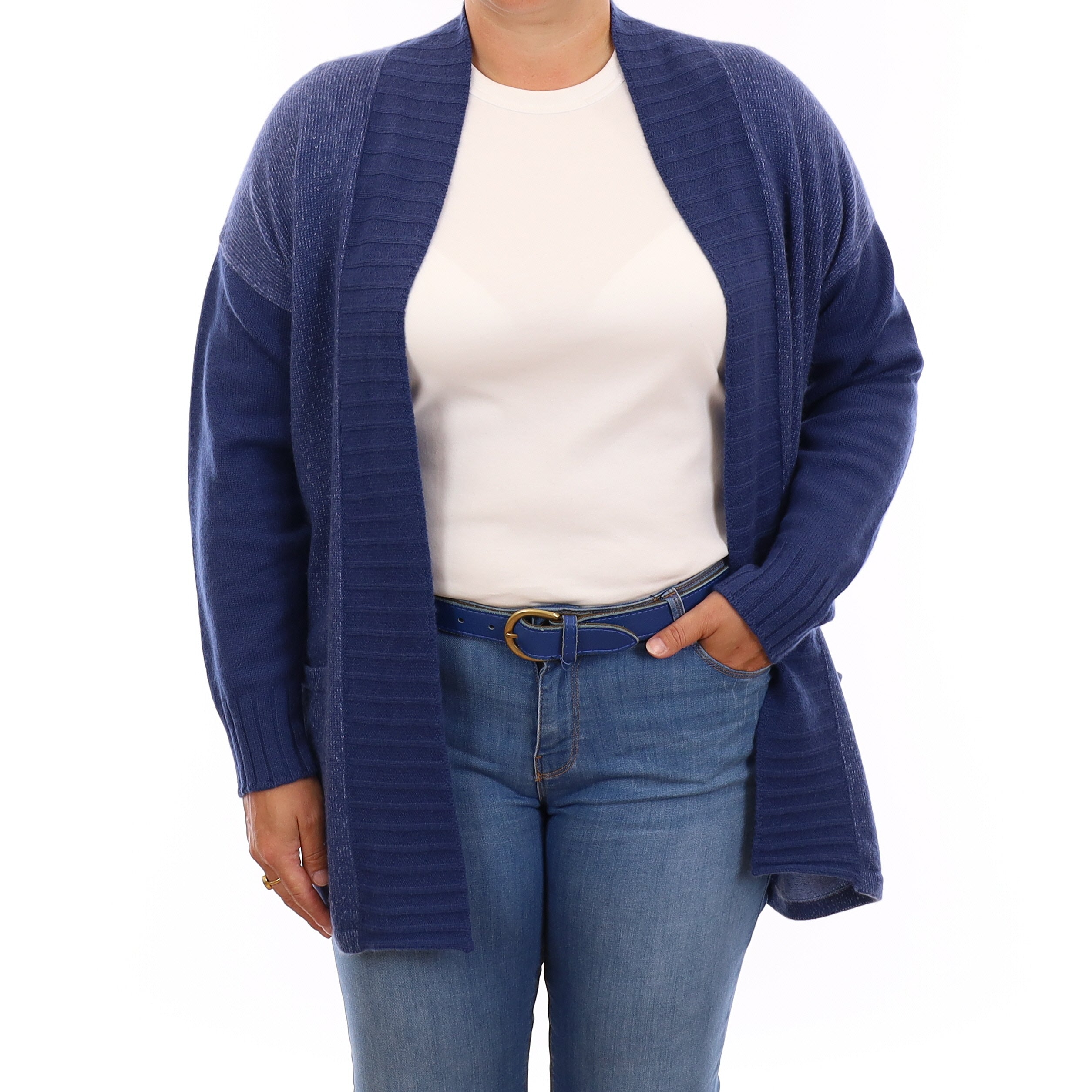 Denim Blue Cashmere Edge to Edge Cardigan with Pockets Large