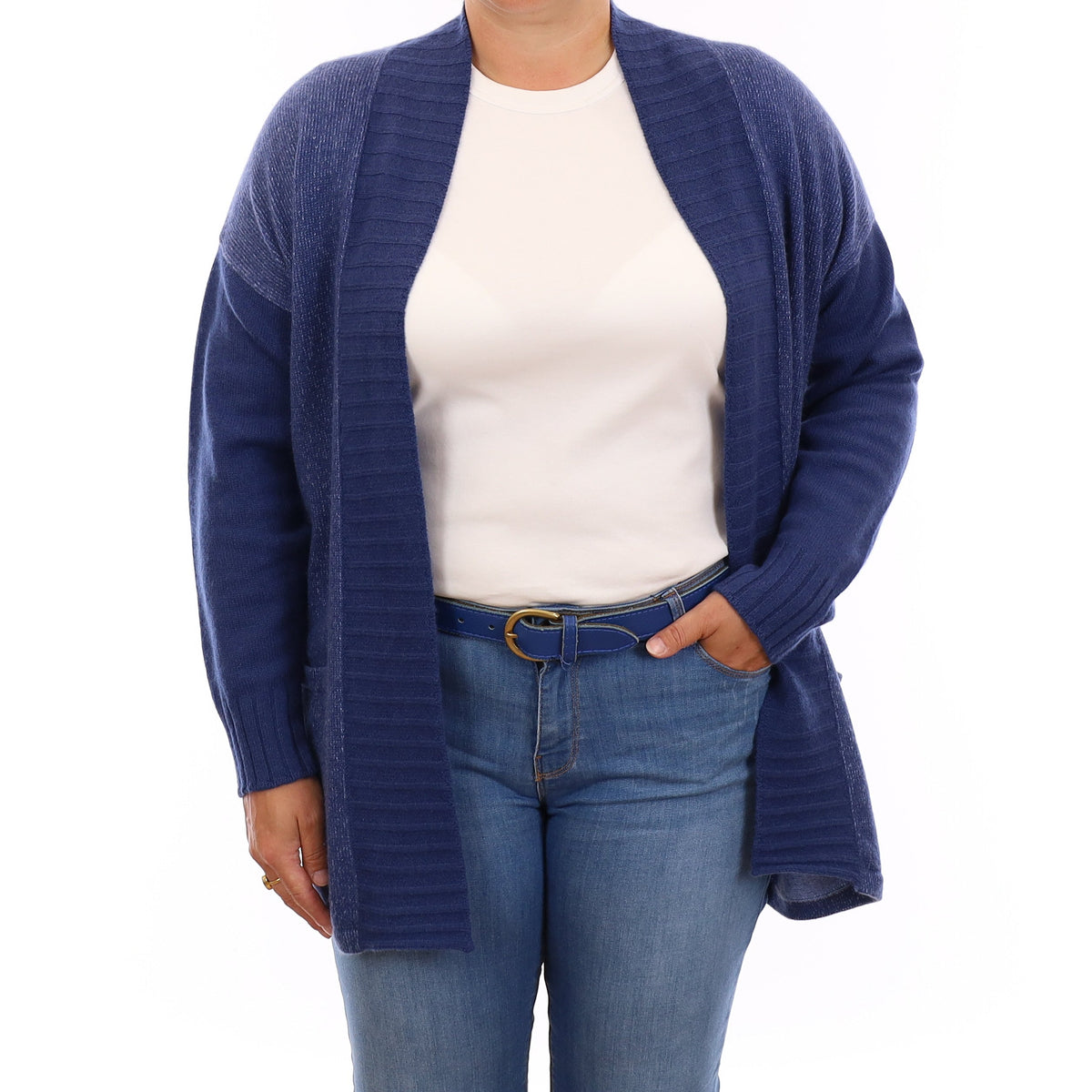 Denim Blue Cashmere Edge to Edge Cardigan with Pockets Large