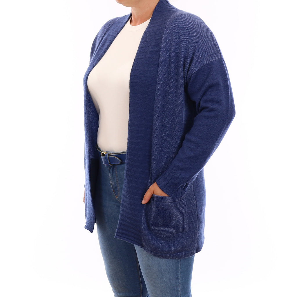 Denim Blue Cashmere Edge to Edge Cardigan with Pockets Large