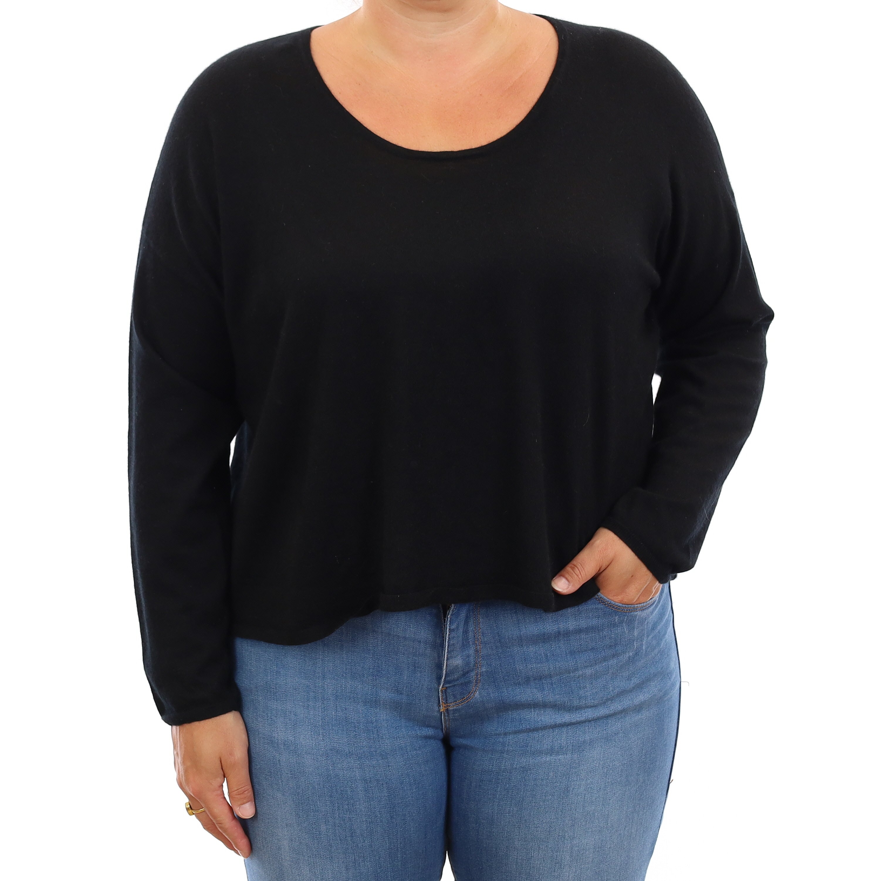 Black Fine Knit Cashmere Slouchy Crew Neck Jumper Large