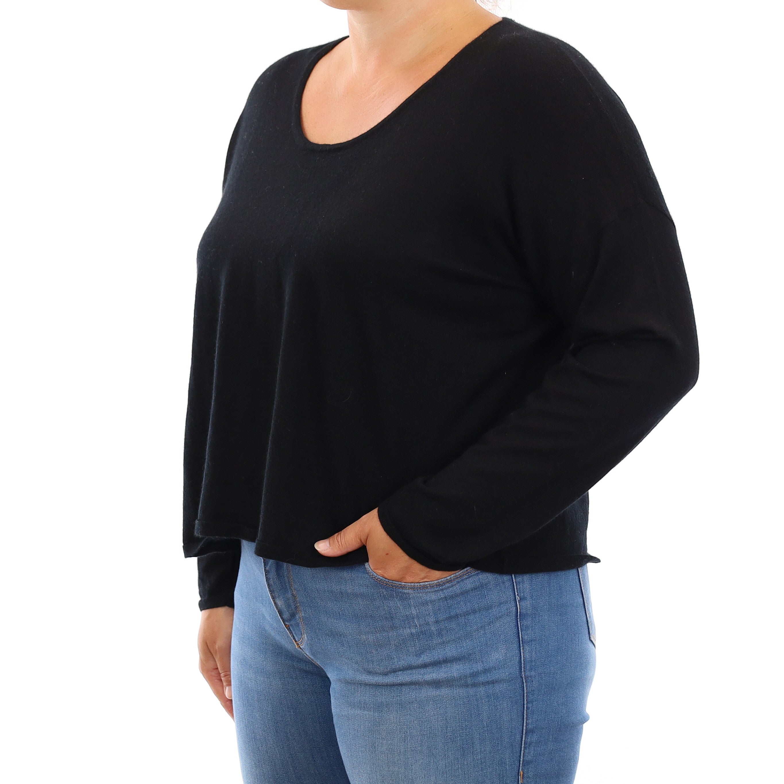 Black Fine Knit Cashmere Slouchy Crew Neck Jumper Large