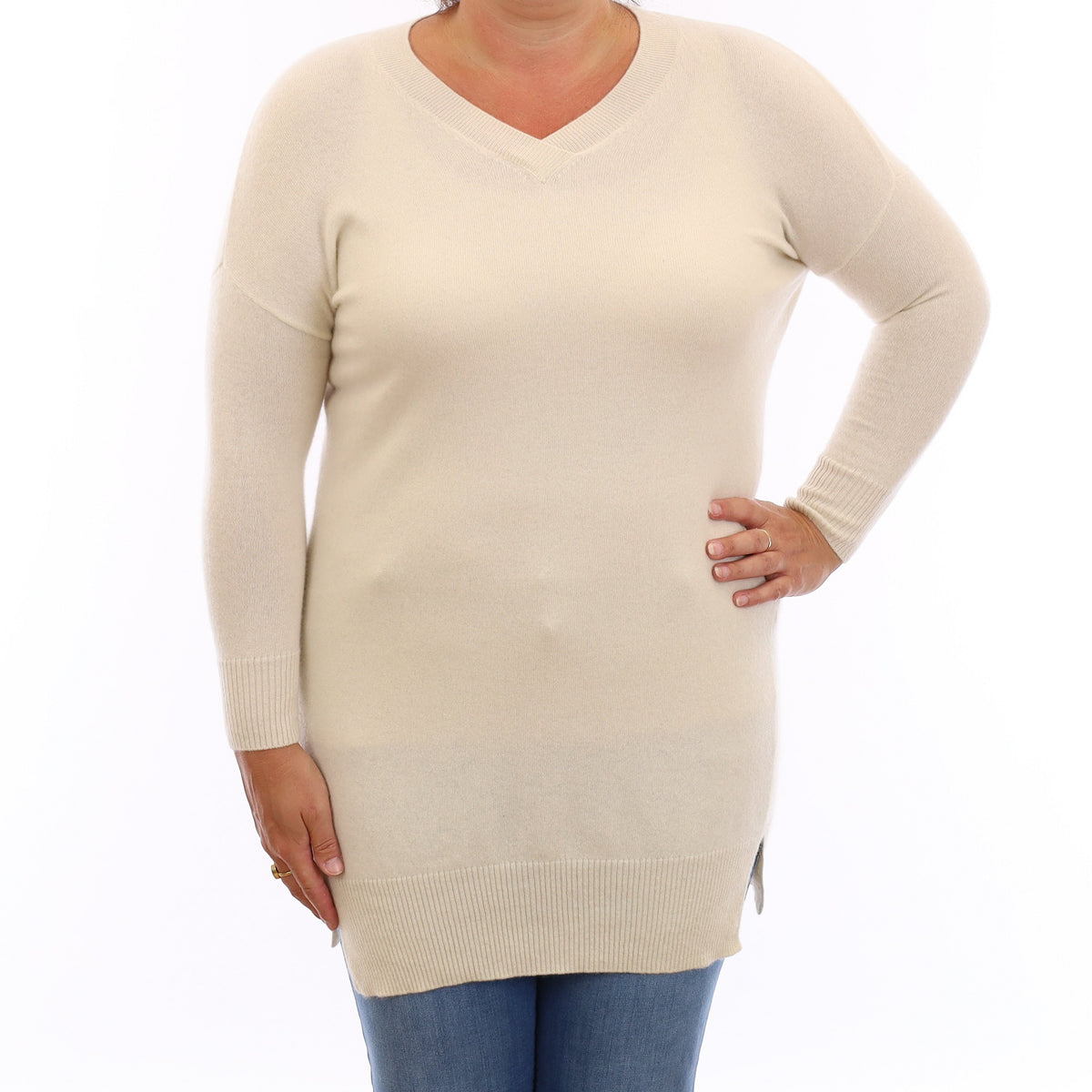 Ivory Cashmere Longline V Neck Jumper Large