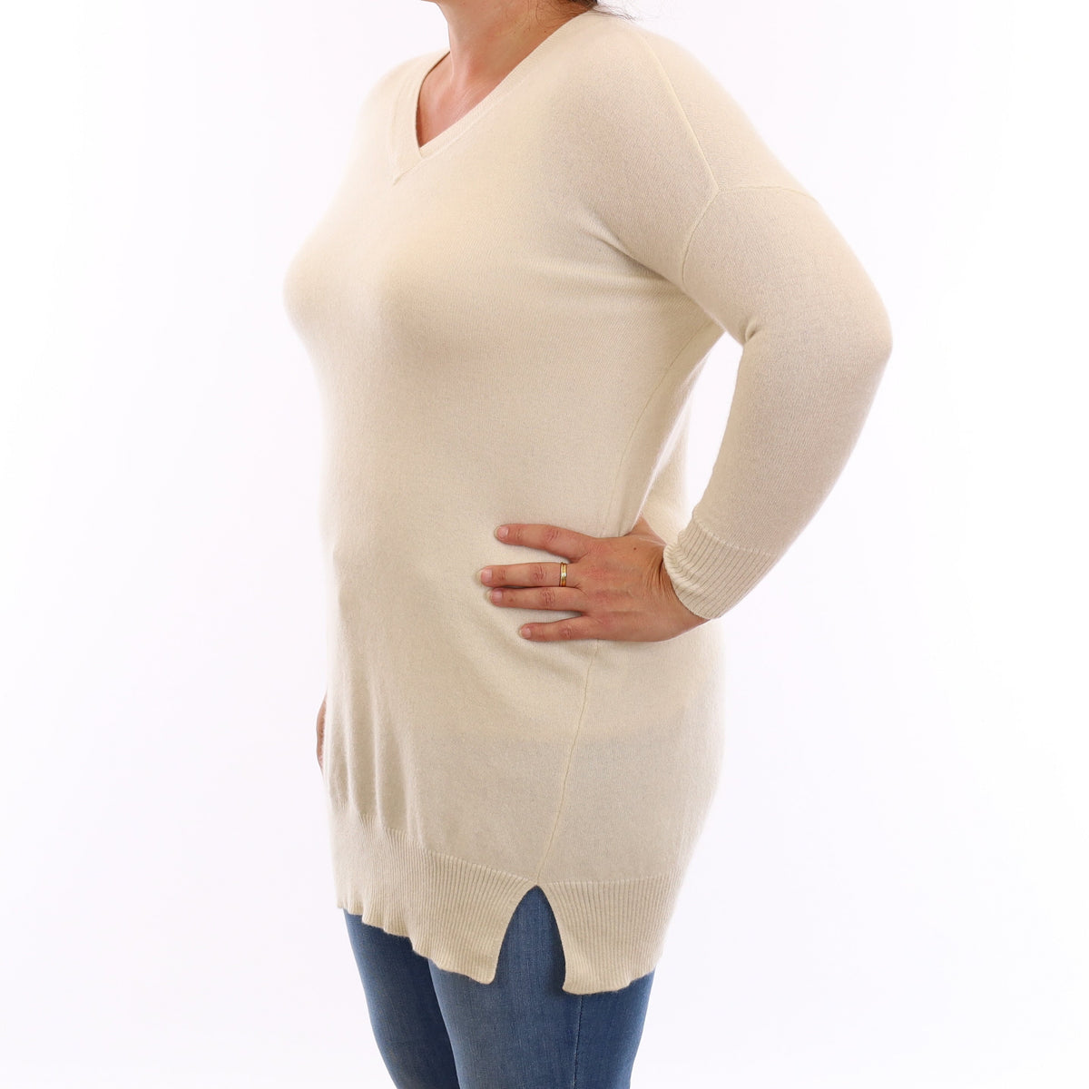 Ivory Cashmere Longline V Neck Jumper Large