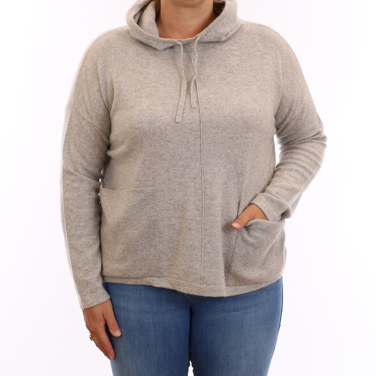 Mist Grey Cashmere Boxy Hoodie Jumper with Pockets Large