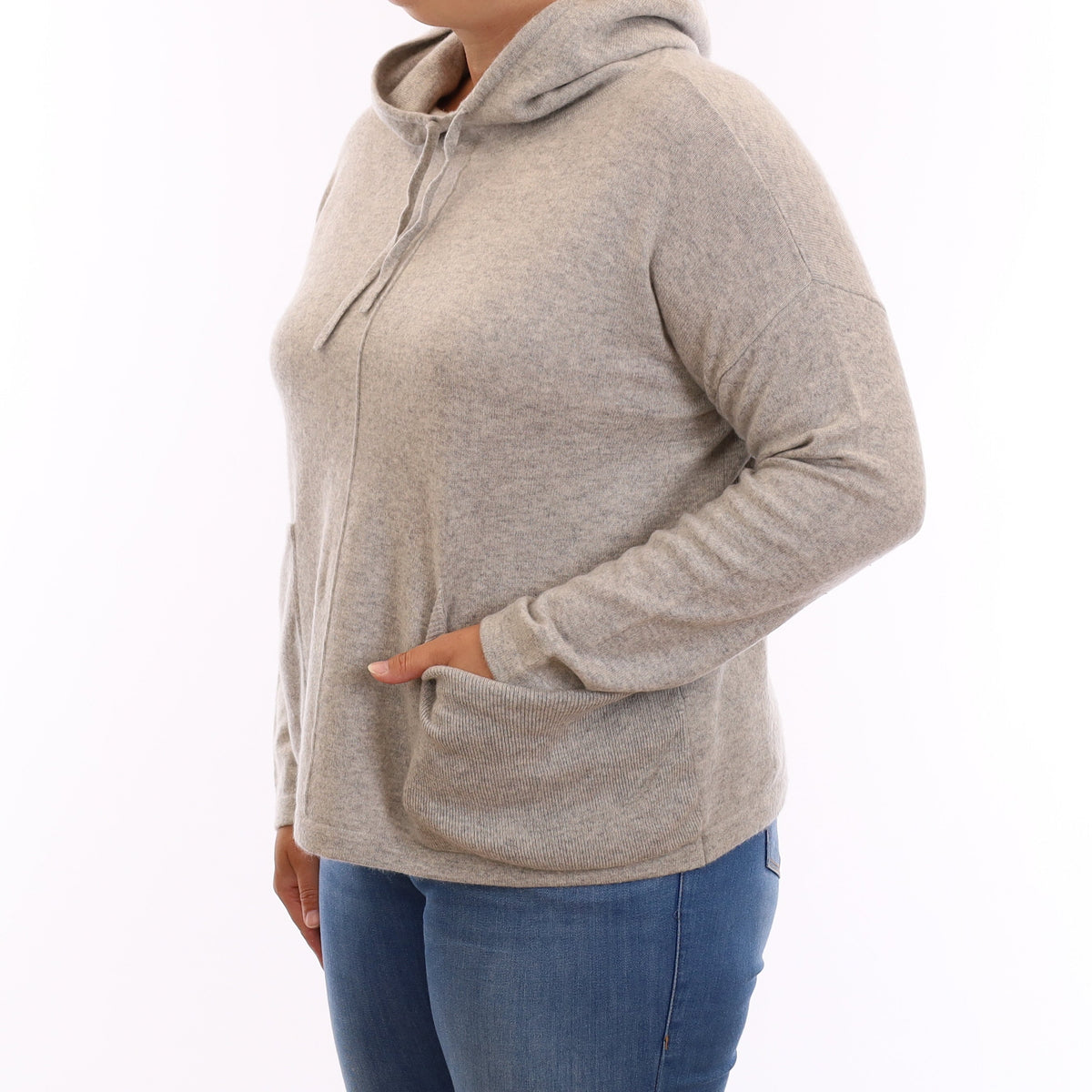 Mist Grey Cashmere Boxy Hoodie Jumper with Pockets Large