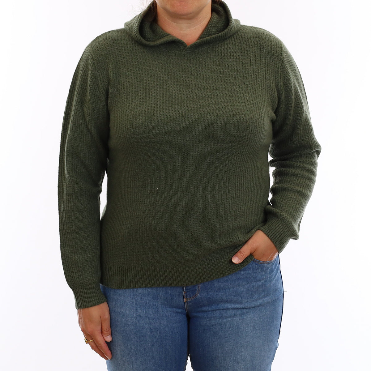 Brand New Pine Green Waffle Knit Cashmere Hoodie Jumper Large