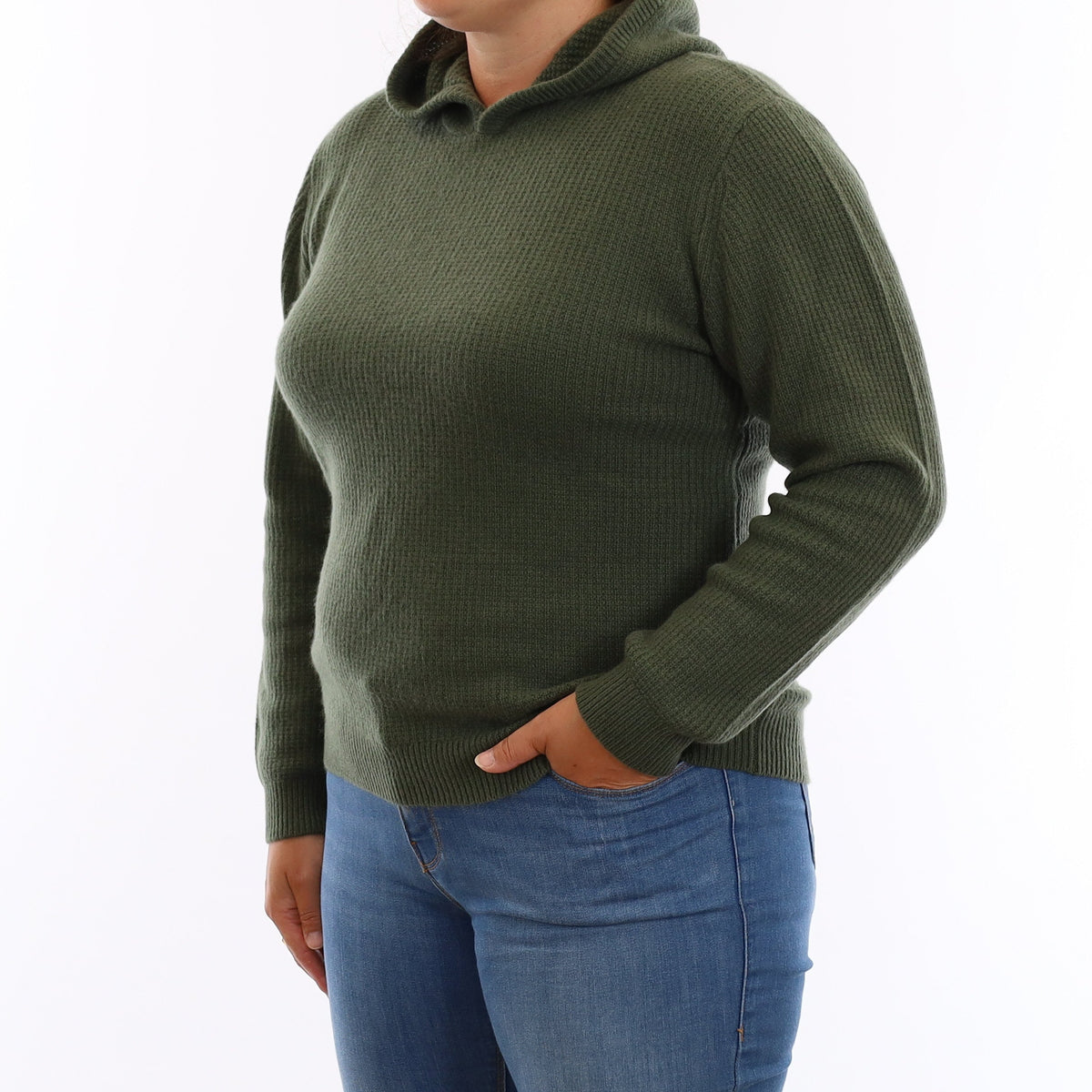 Brand New Pine Green Waffle Knit Cashmere Hoodie Jumper Large