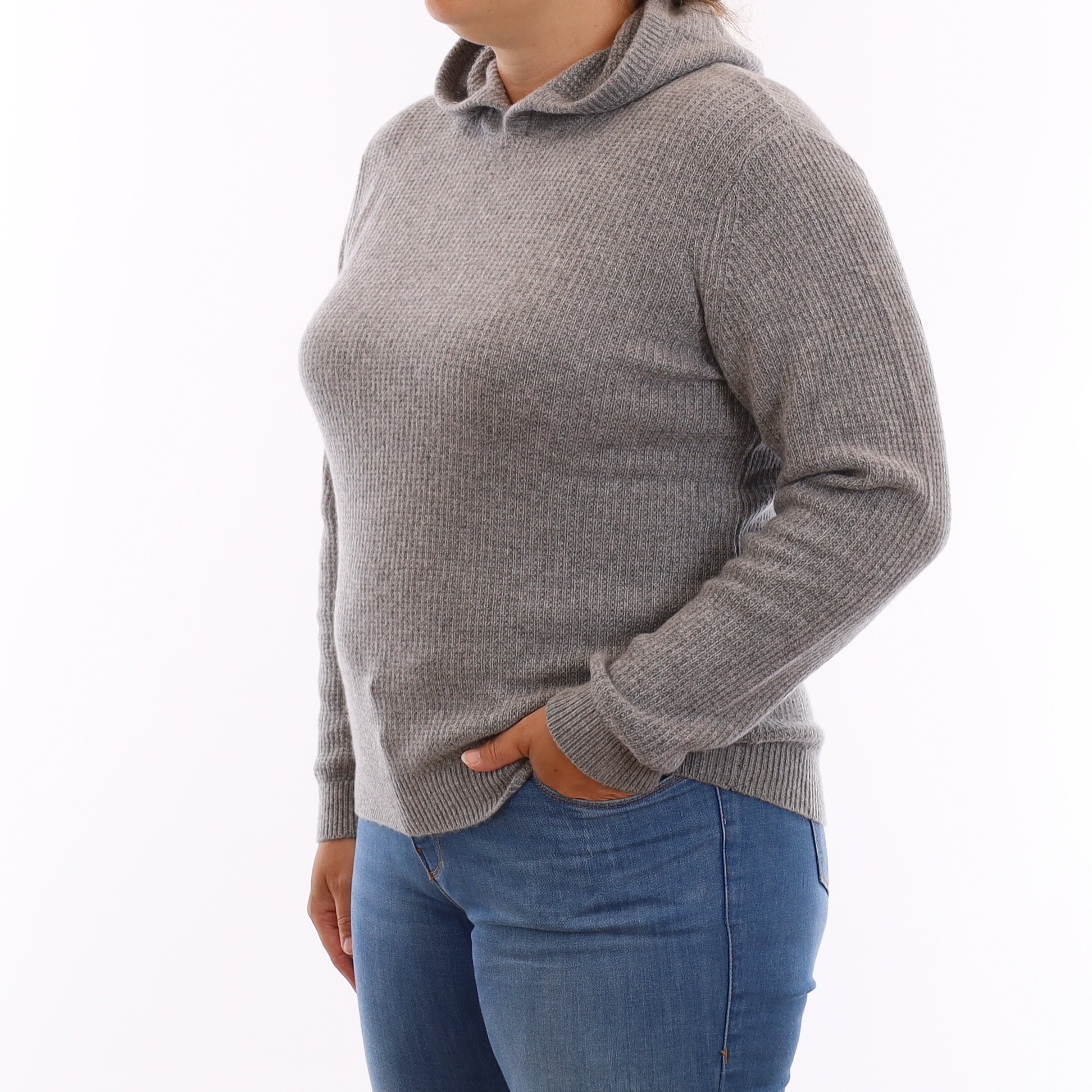 Brand New Smoke Grey Waffle Knit Cashmere Hoodie Jumper Large - UK 18