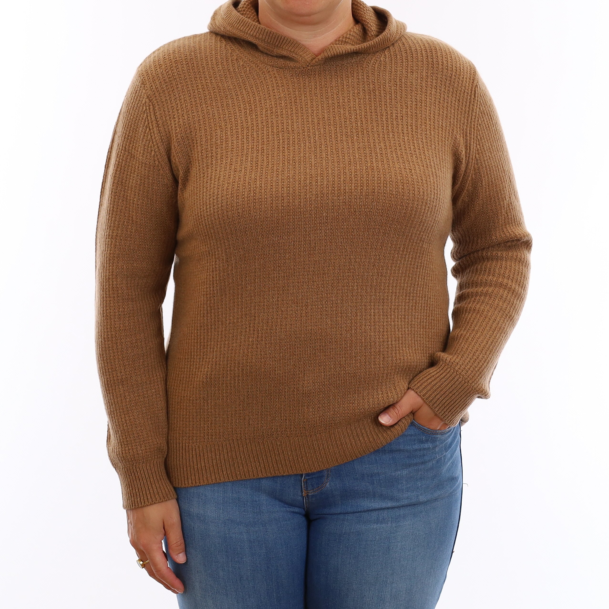 Brand New Toffee Brown Waffle Knit Cashmere Hoodie Jumper Large
