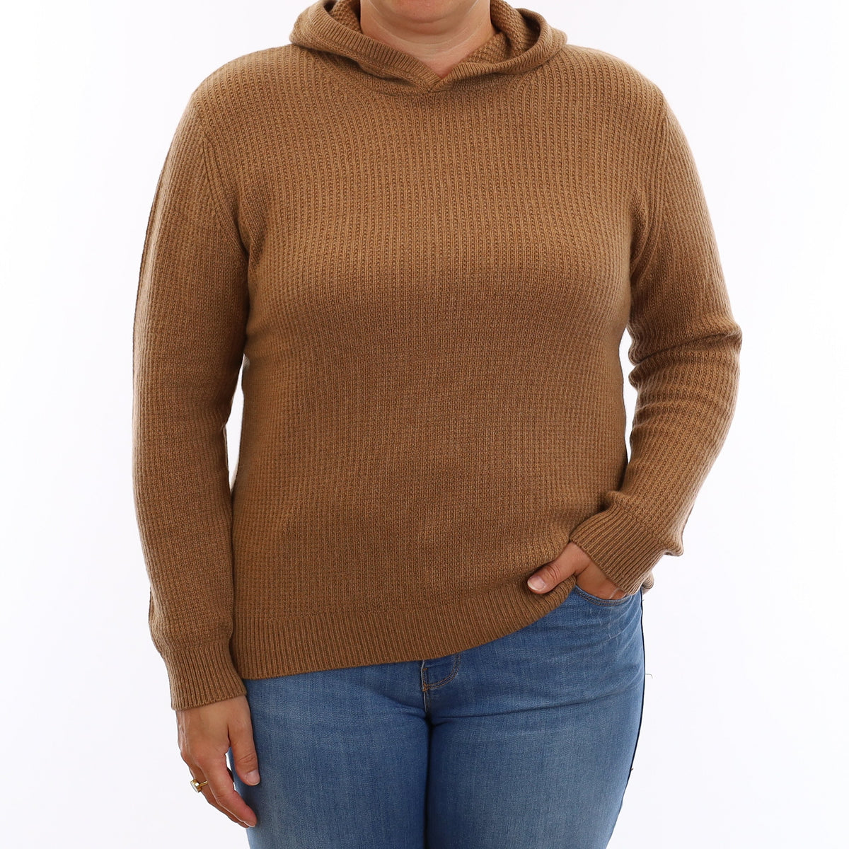 Brand New Toffee Brown Waffle Knit Cashmere Hoodie Jumper Large