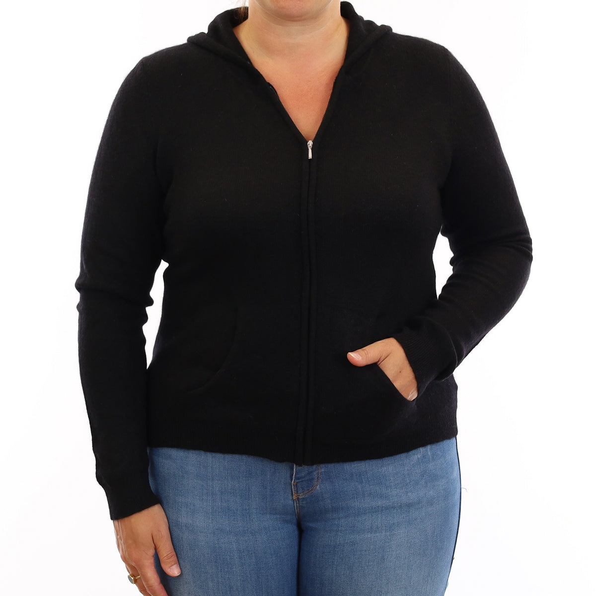 Black Cashmere Zip Up Hoodie with Pockets Large