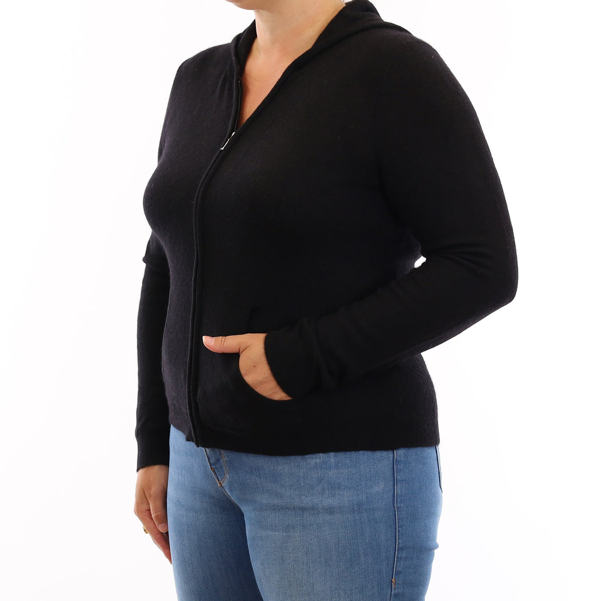 Black Cashmere Zip Up Hoodie with Pockets Large