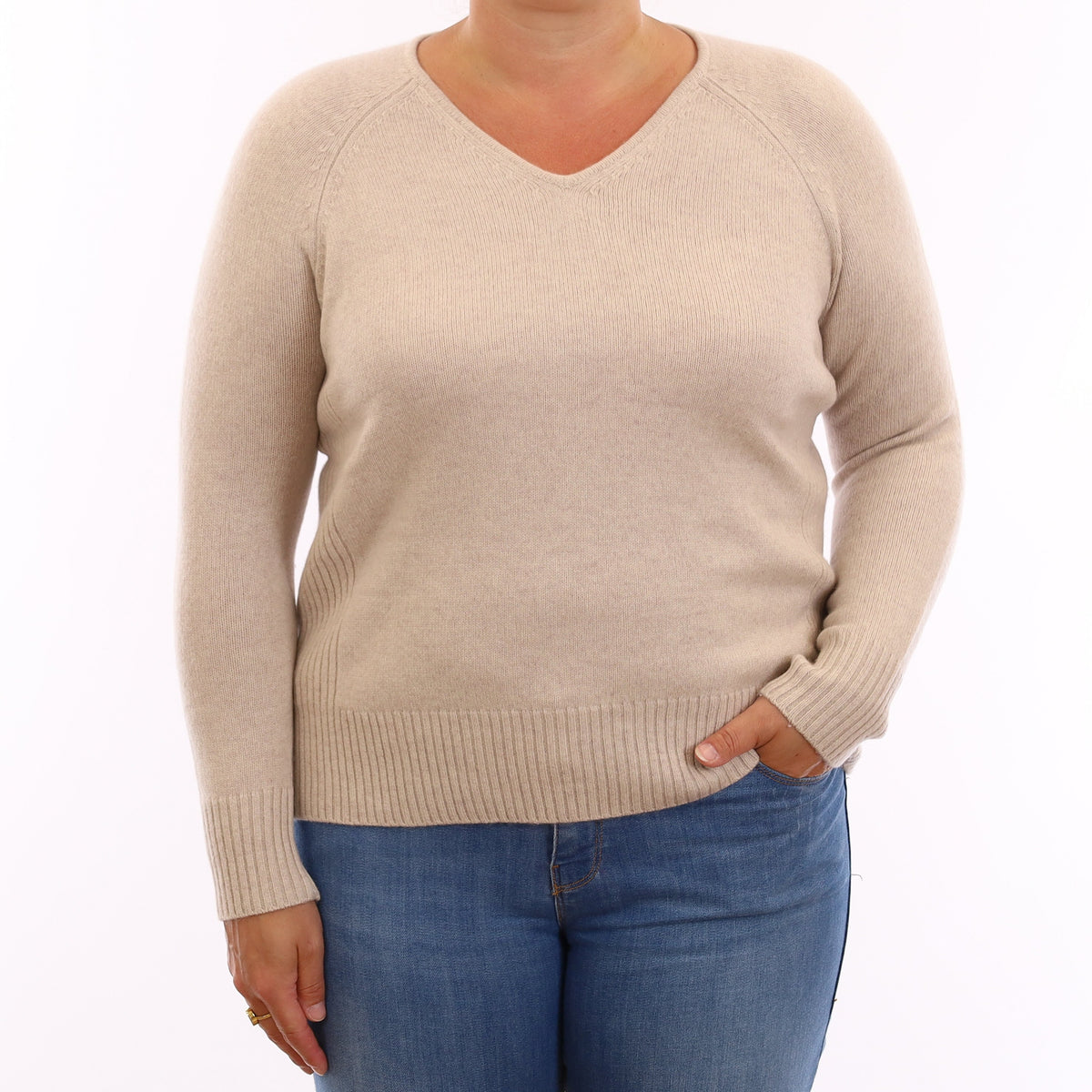 Oatmeal Chunky Cashmere V Neck Jumper Large