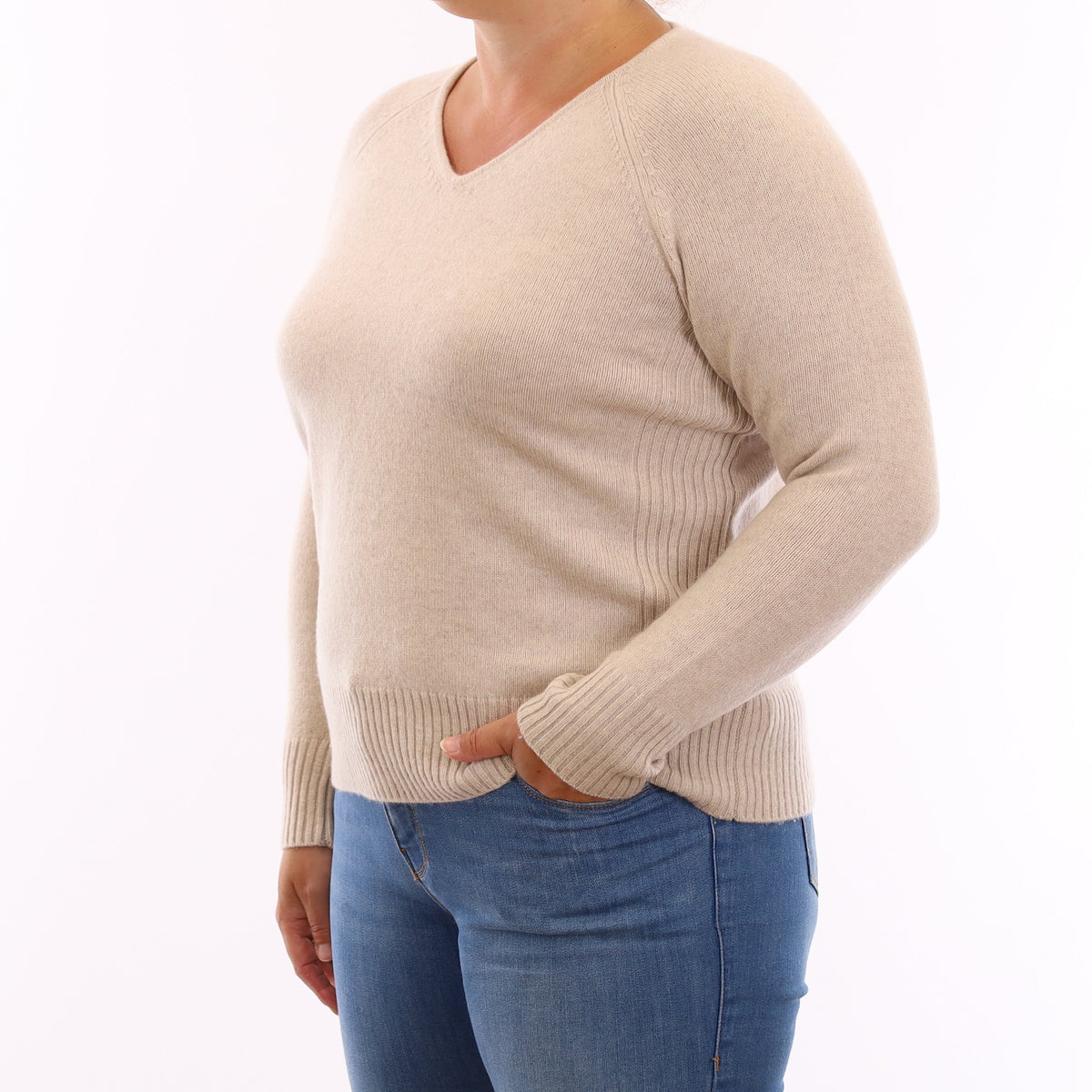 Oatmeal Chunky Cashmere V Neck Jumper Large