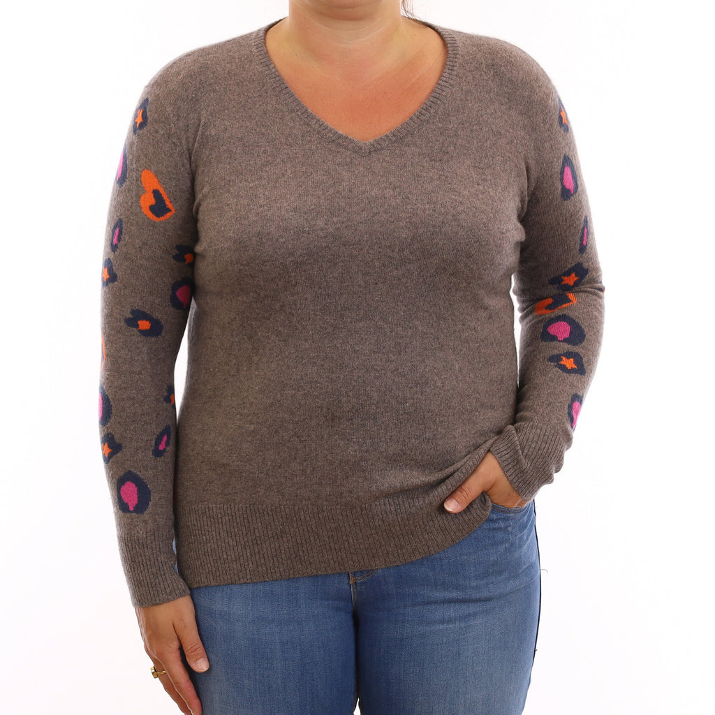 Wyse Mushroom Brown Pattern Sleeve Cashmere V Neck Jumper Large