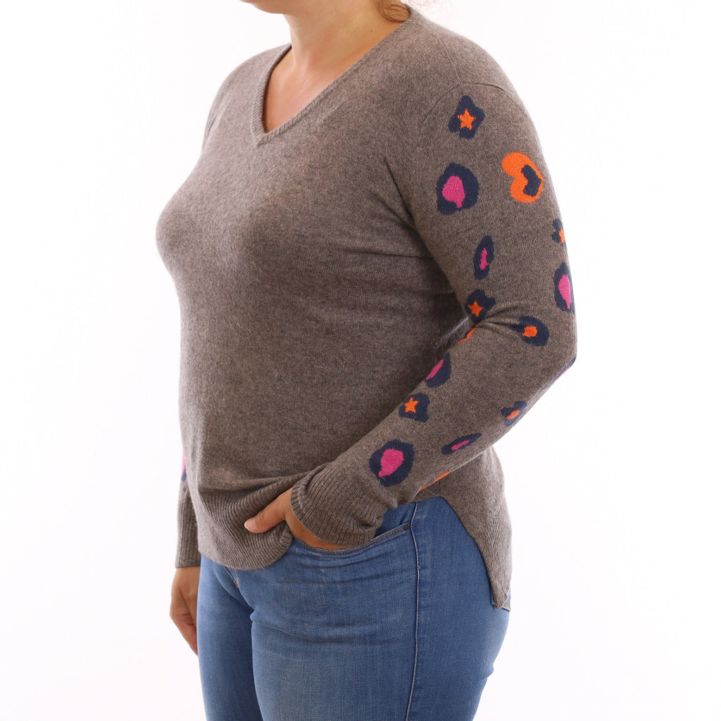 Wyse Mushroom Brown Pattern Sleeve Cashmere V Neck Jumper Large