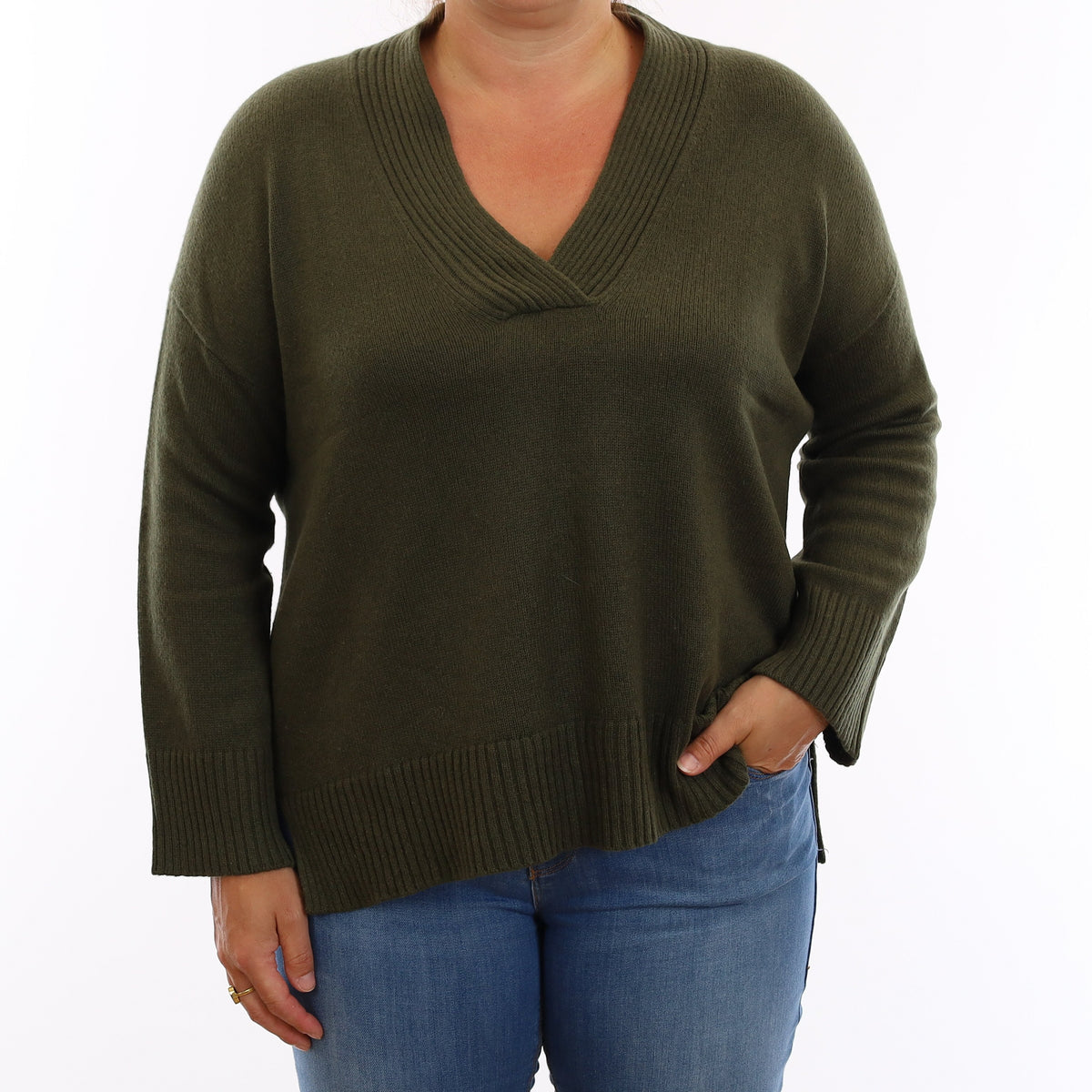 Lafayette Country Green Heavy Knit Cashmere V Neck Jumper Large