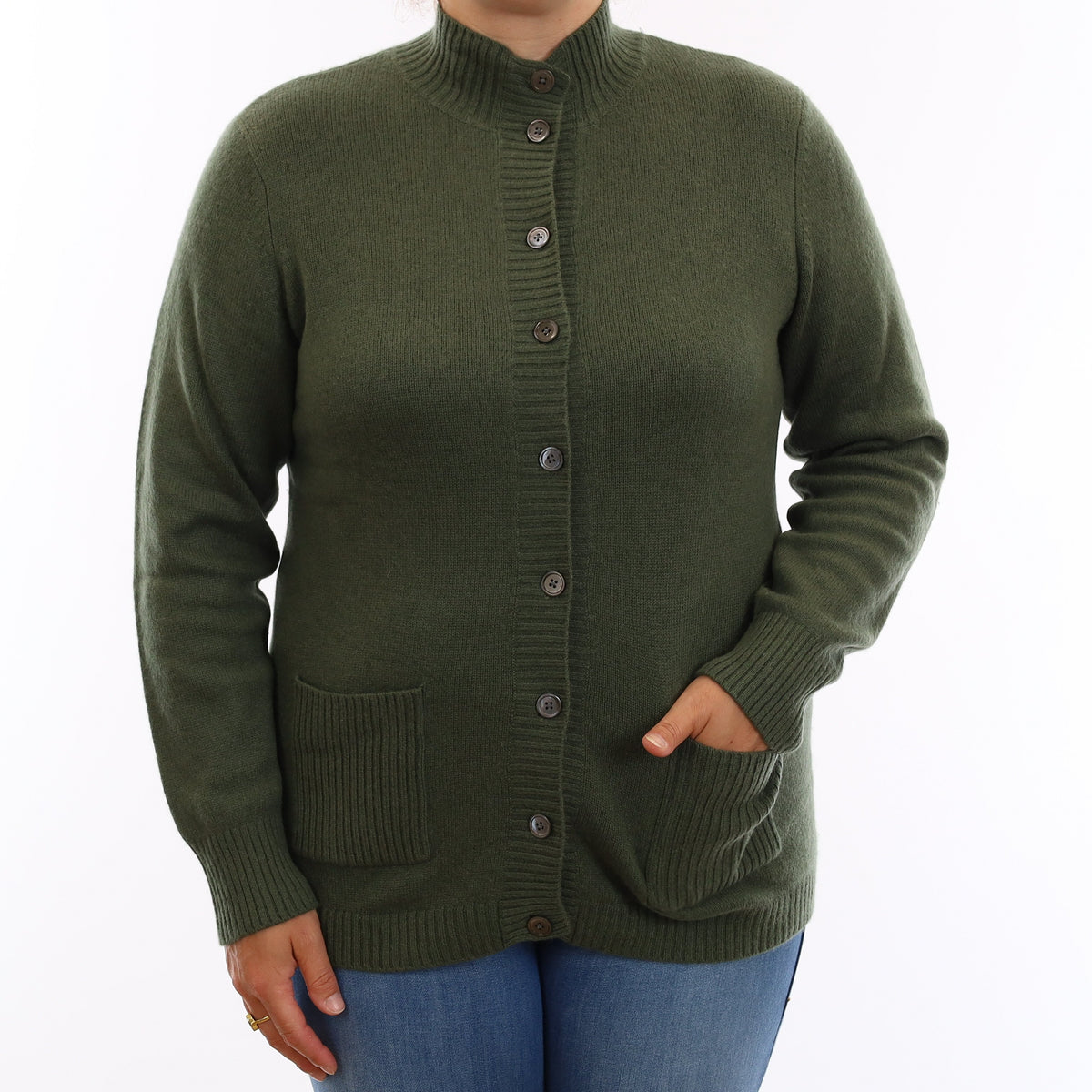 Orvis Pine Green Cashmere Turtle Neck Cardigan with Pockets Large