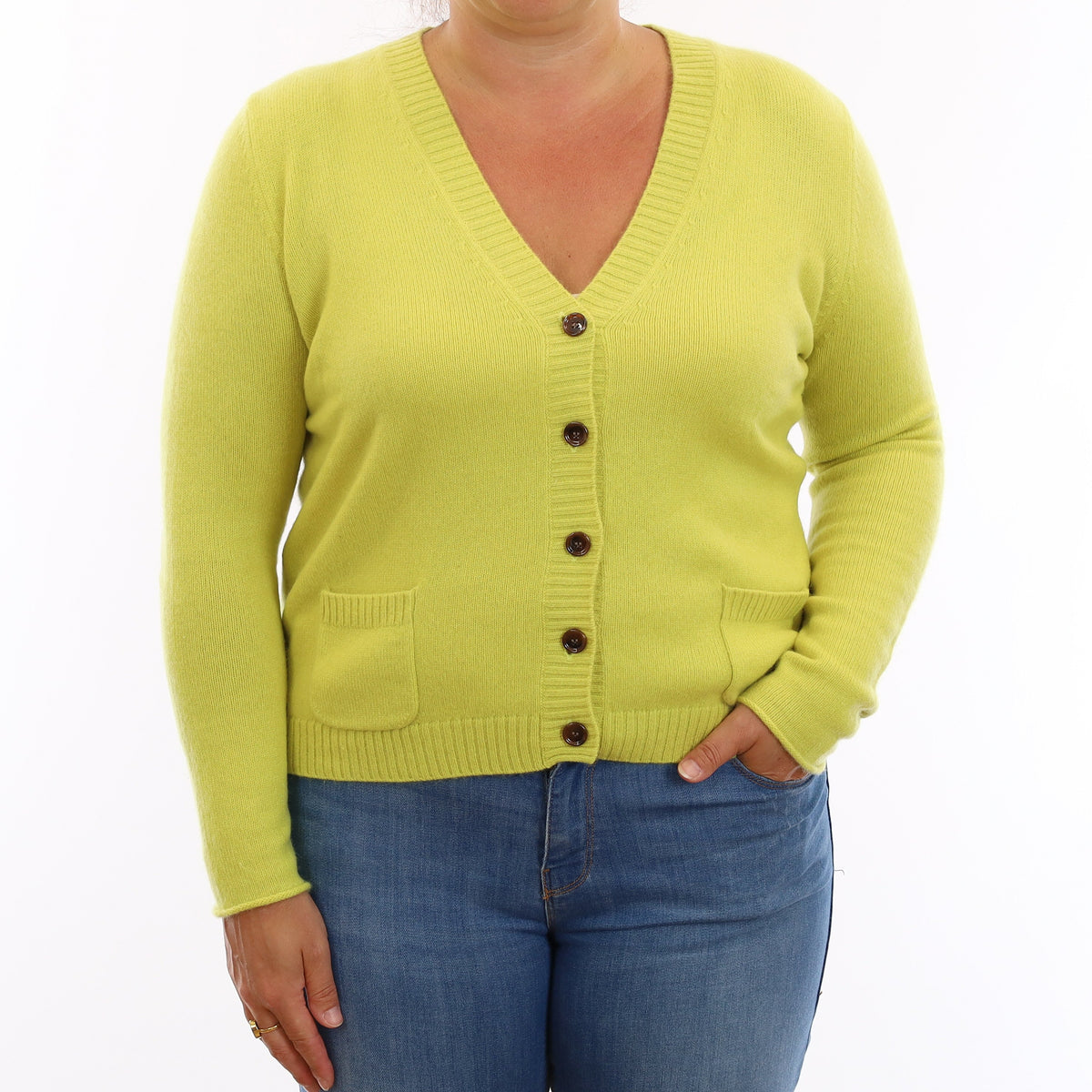Allude Chartreuse Yellow Cashmere V Neck Cardigan Large