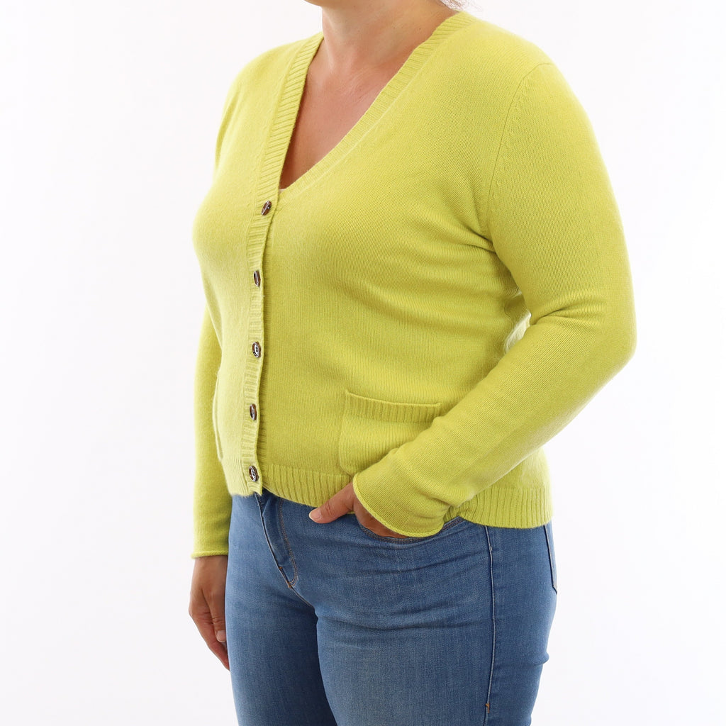 Allude Chartreuse Yellow Cashmere V Neck Cardigan Large