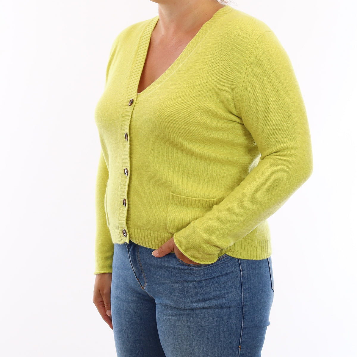 Allude Chartreuse Yellow Cashmere V Neck Cardigan Large