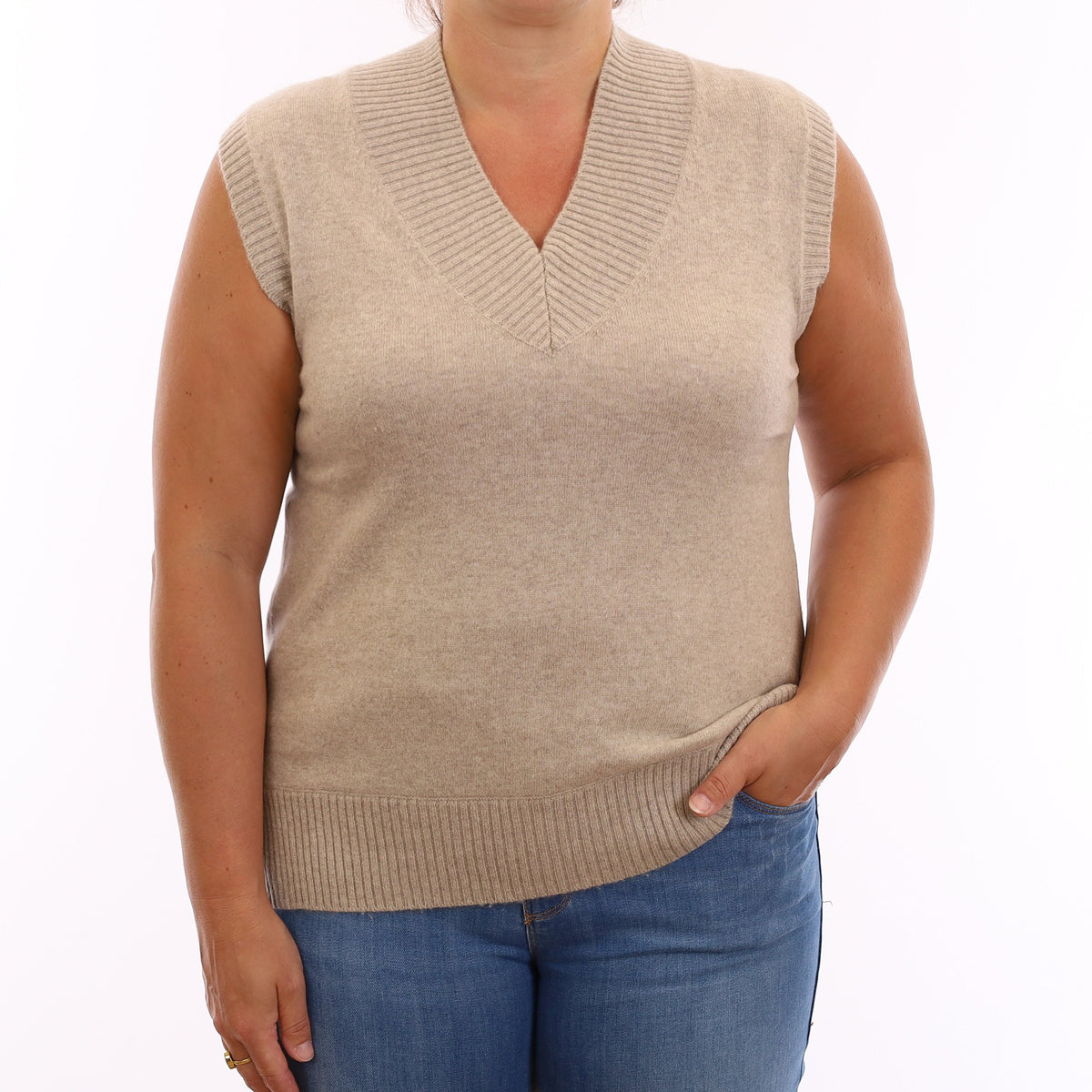 Fawn Beige Cashmere V Neck Tank Top Large
