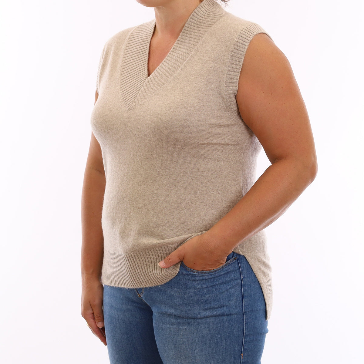Fawn Beige Cashmere V Neck Tank Top Large