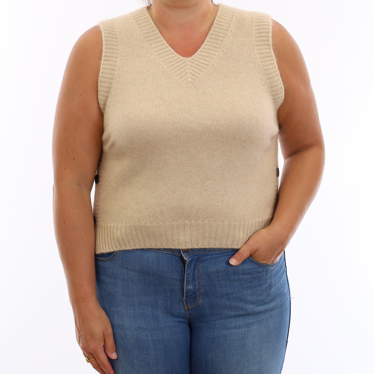 Honey Beige Cashmere Button Detail V Neck Tank Top Large