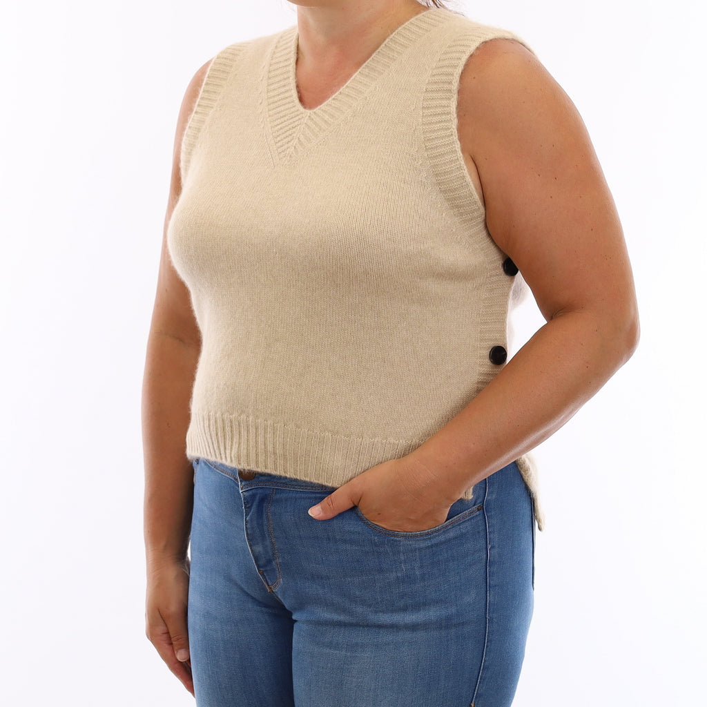 Honey Beige Cashmere Button Detail V Neck Tank Top Large