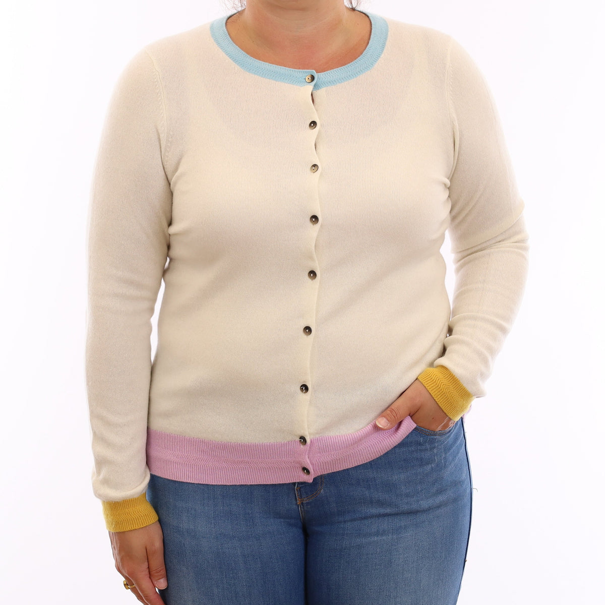 Ivory Multicolour Trim Cashmere Crew Neck Cardigan Large