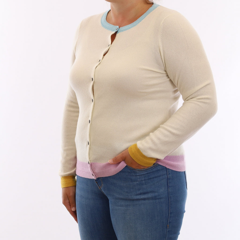 Ivory Multicolour Trim Cashmere Crew Neck Cardigan Large